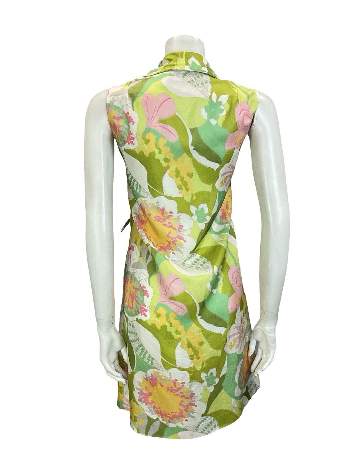 VTG 60S 70S GREEN PINK WHITE ABSTRACT FLORAL JOHNNY COLLAR SHIRT DRESS 10