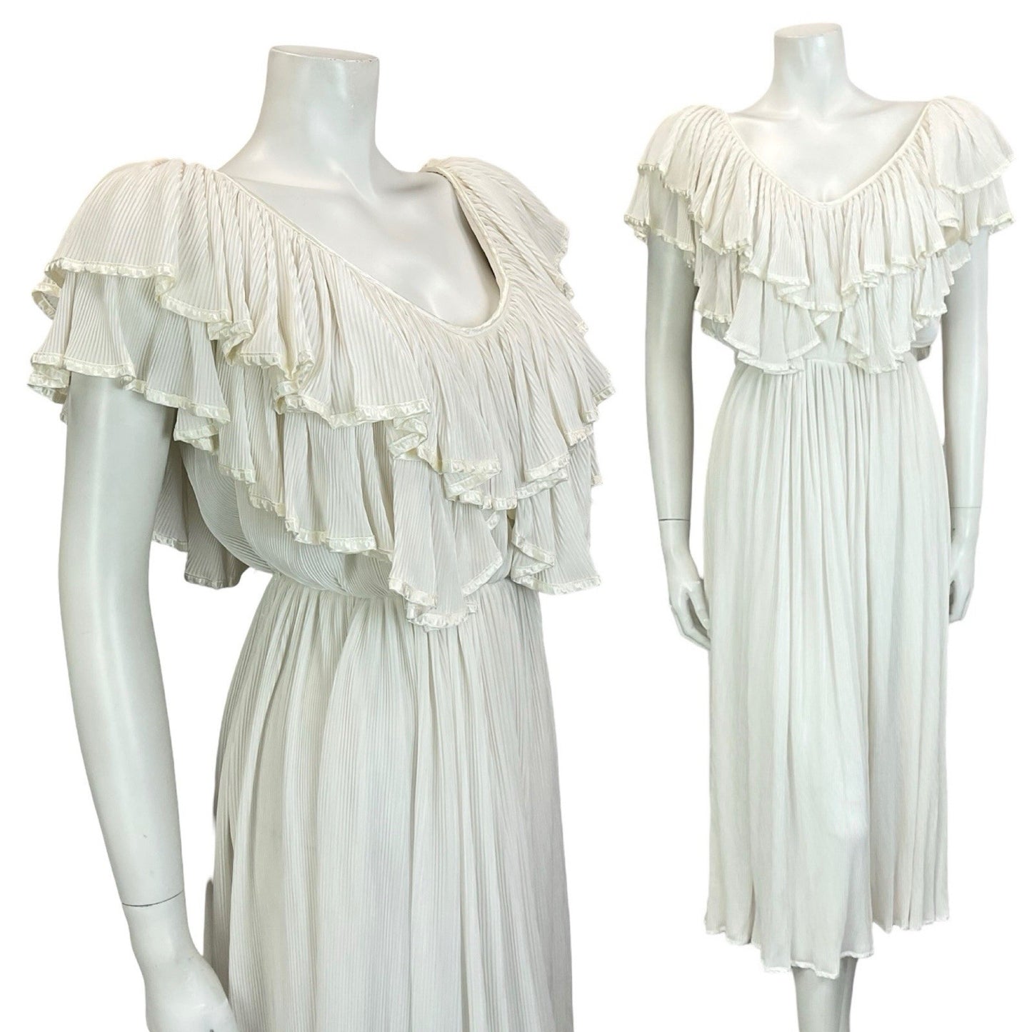 VTG 70S IVORY WHITE BRIDAL BOHO SATIN GRECO ROMAN RUFFLE BLOUSON MIDI DRESS 8