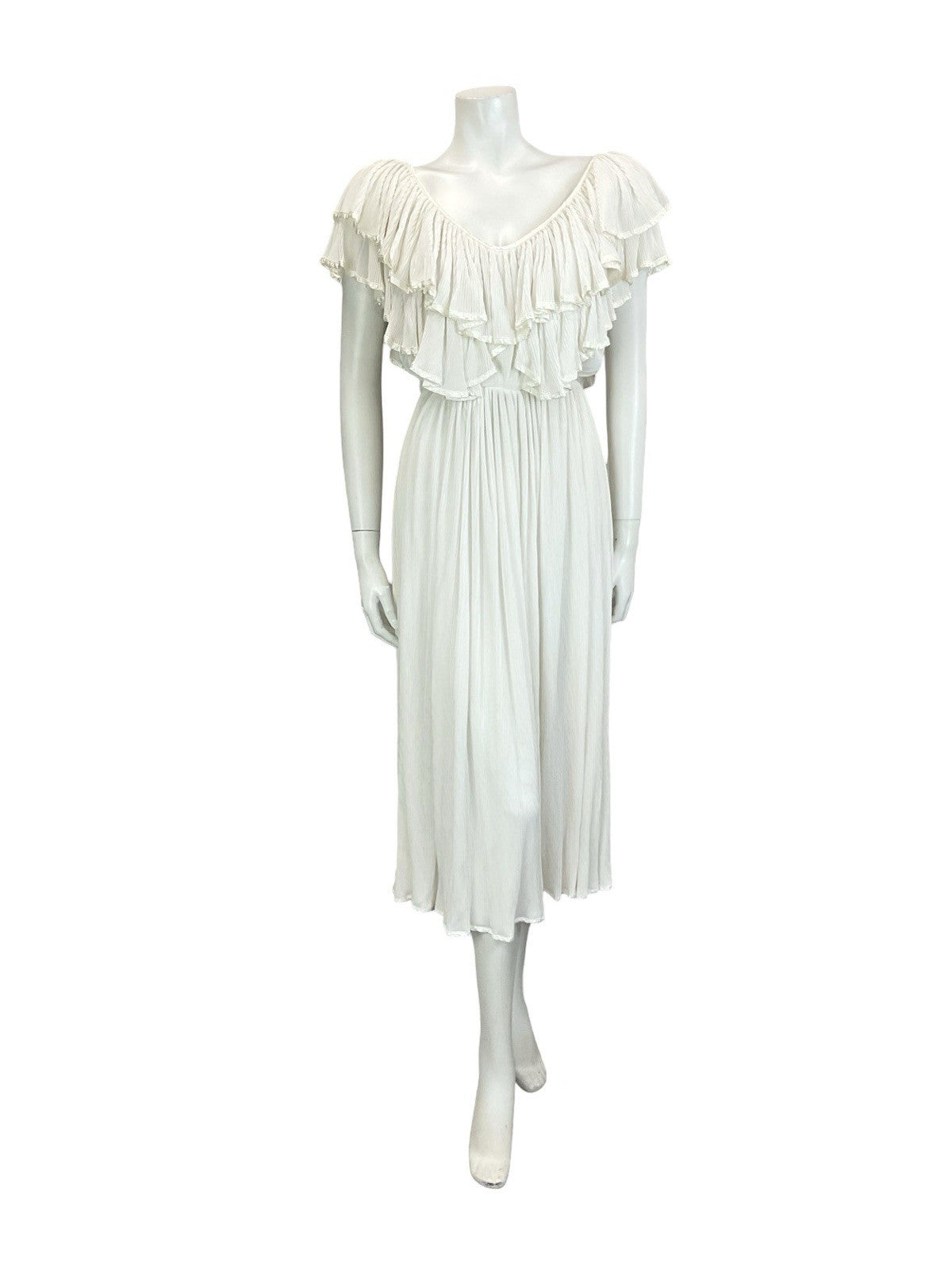 VTG 70S IVORY WHITE BRIDAL BOHO SATIN GRECO ROMAN RUFFLE BLOUSON MIDI DRESS 8