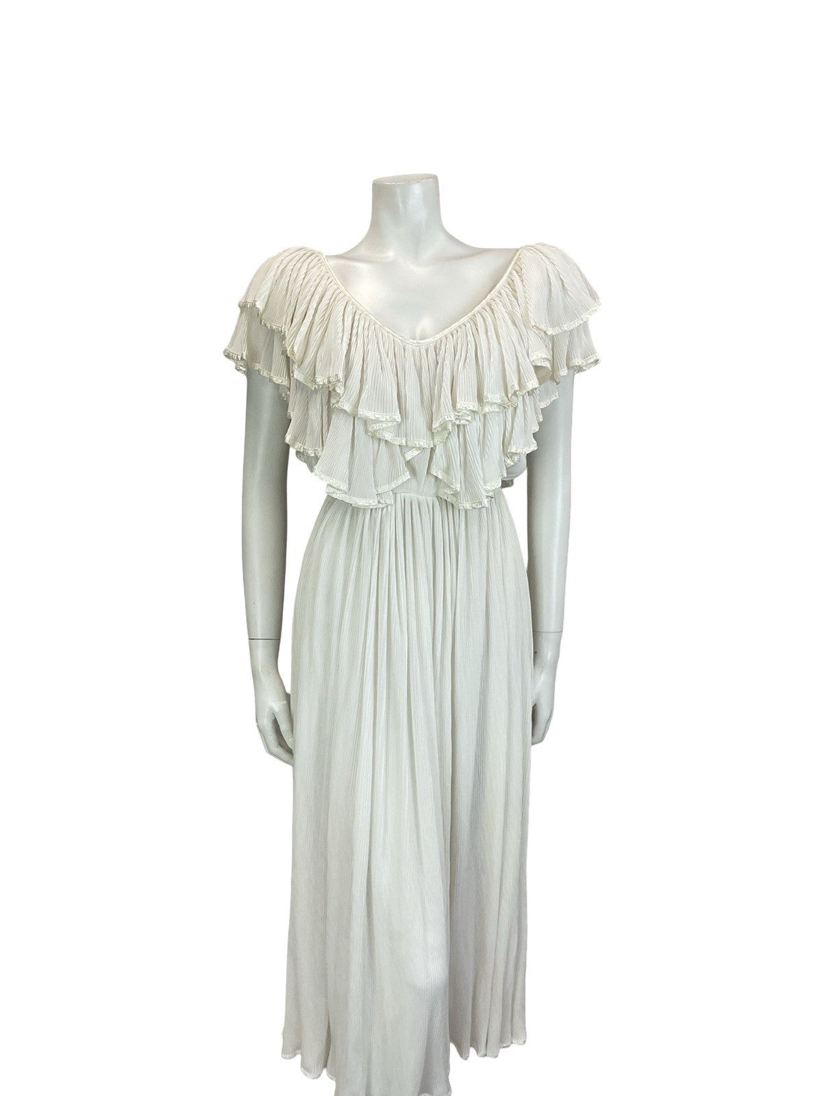VTG 70S IVORY WHITE BRIDAL BOHO SATIN GRECO ROMAN RUFFLE BLOUSON MIDI DRESS 8