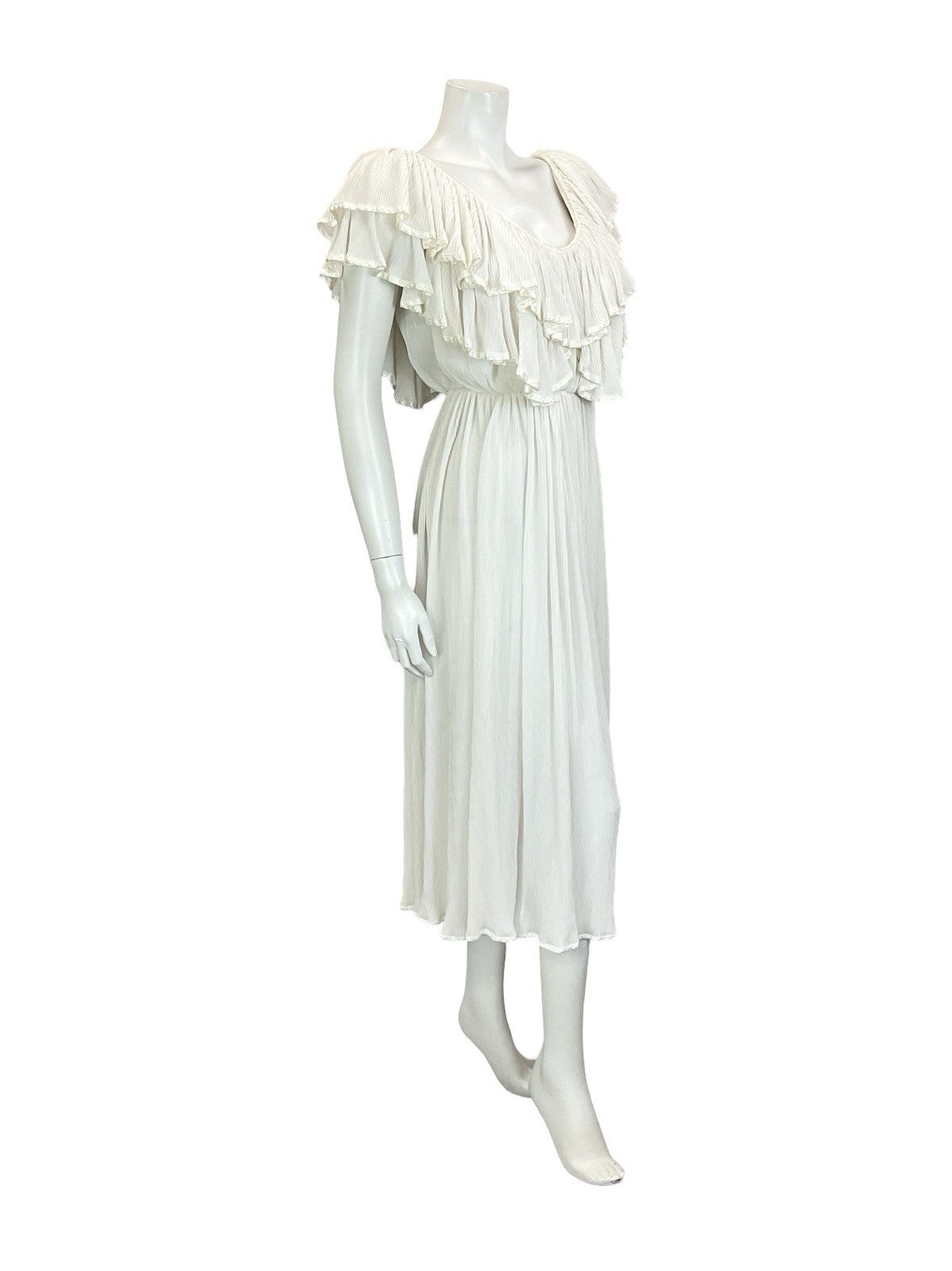 VTG 70S IVORY WHITE BRIDAL BOHO SATIN GRECO ROMAN RUFFLE BLOUSON MIDI DRESS 8