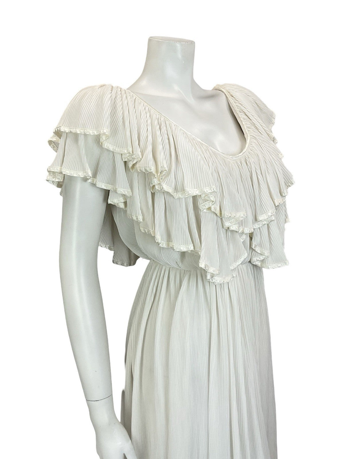 VTG 70S IVORY WHITE BRIDAL BOHO SATIN GRECO ROMAN RUFFLE BLOUSON MIDI DRESS 8