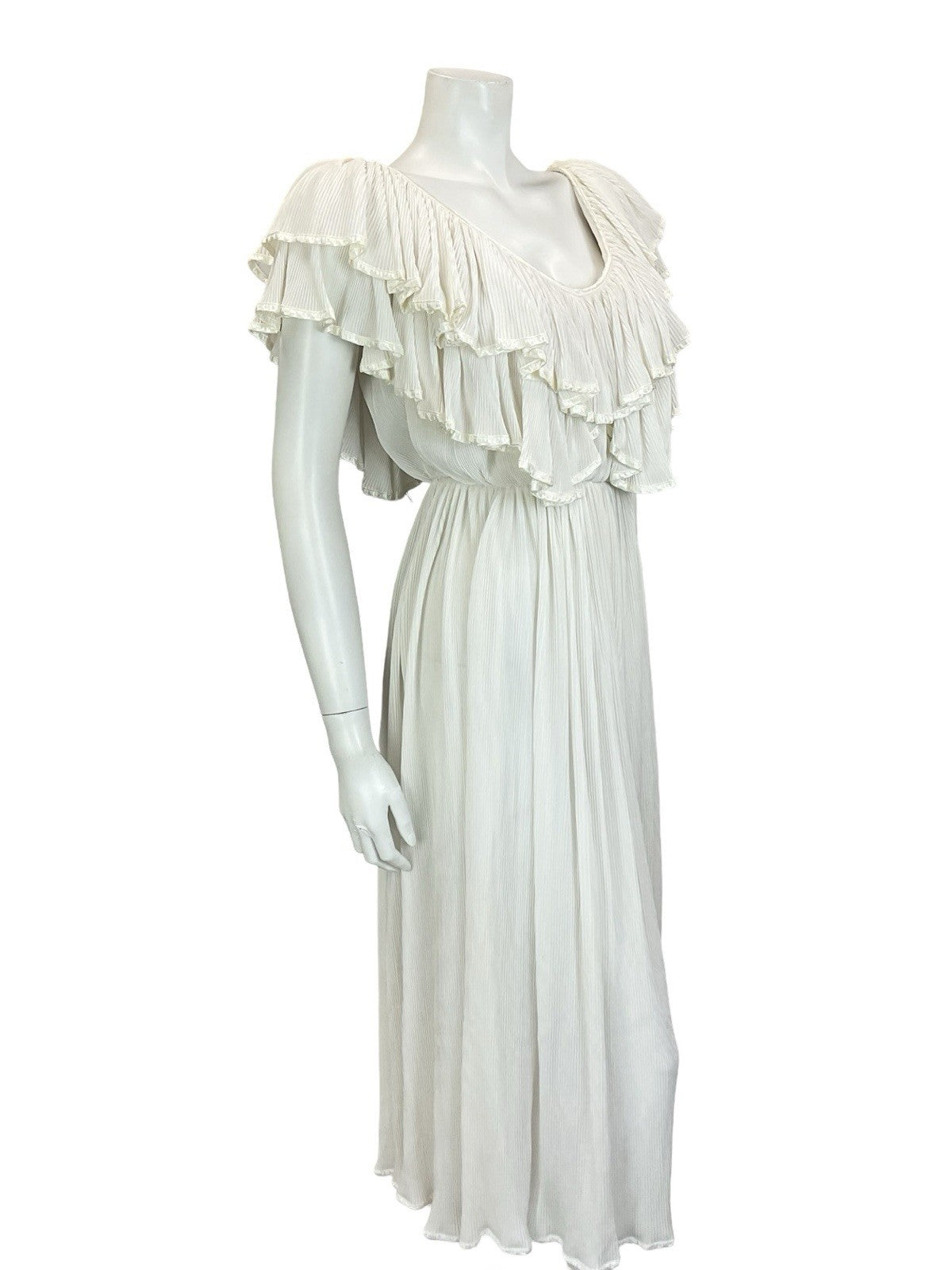 VTG 70S IVORY WHITE BRIDAL BOHO SATIN GRECO ROMAN RUFFLE BLOUSON MIDI DRESS 8