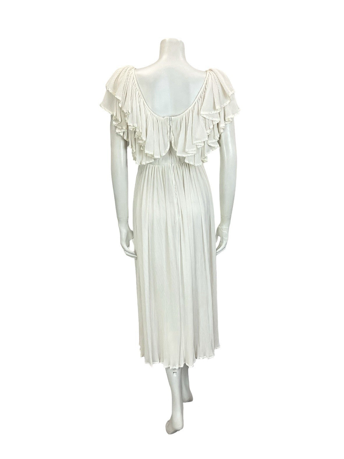 VTG 70S IVORY WHITE BRIDAL BOHO SATIN GRECO ROMAN RUFFLE BLOUSON MIDI DRESS 8