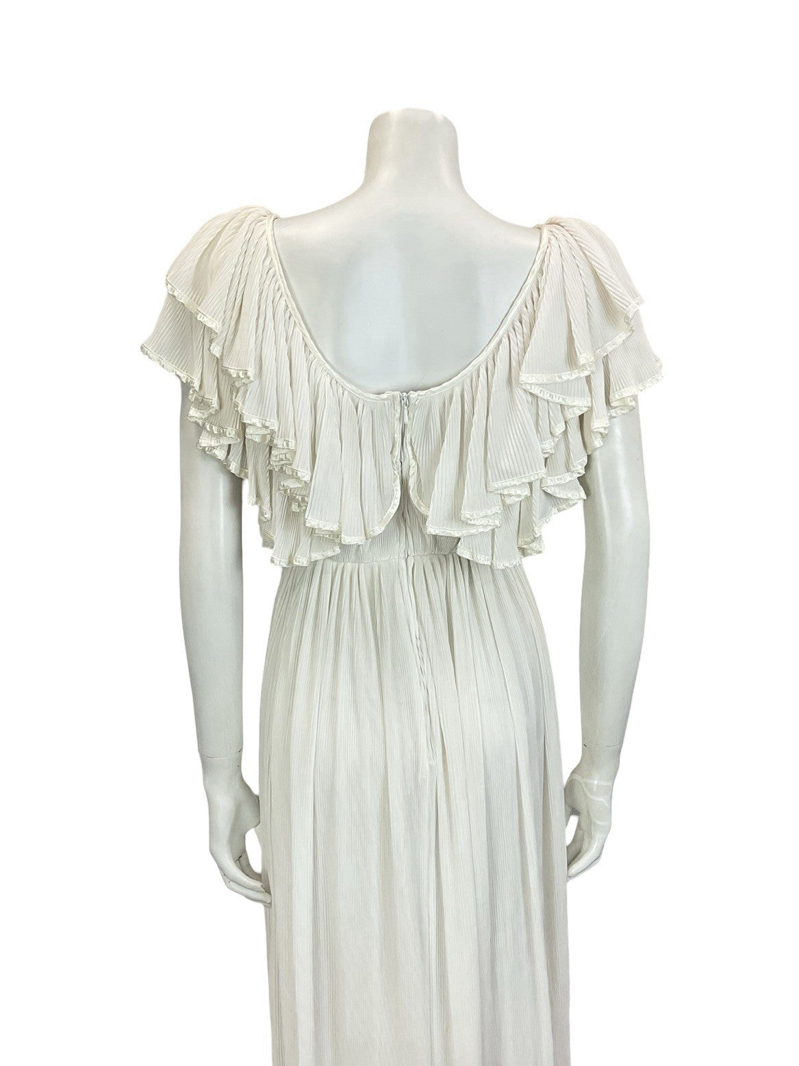 VTG 70S IVORY WHITE BRIDAL BOHO SATIN GRECO ROMAN RUFFLE BLOUSON MIDI DRESS 8