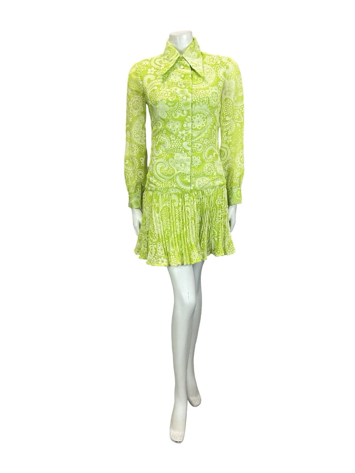 VTG 60S 70S NEON GREEN WHITE PSYCHEDELIC DROPPED WAIST PLEATED SHIRT DRESS 4 6