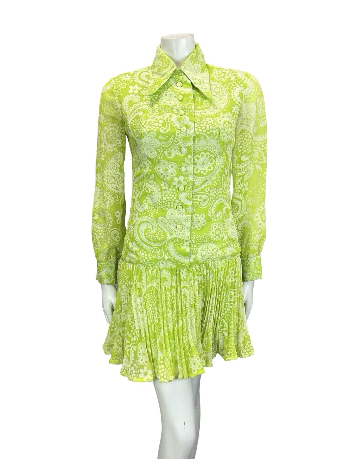 VTG 60S 70S NEON GREEN WHITE PSYCHEDELIC DROPPED WAIST PLEATED SHIRT DRESS 4 6