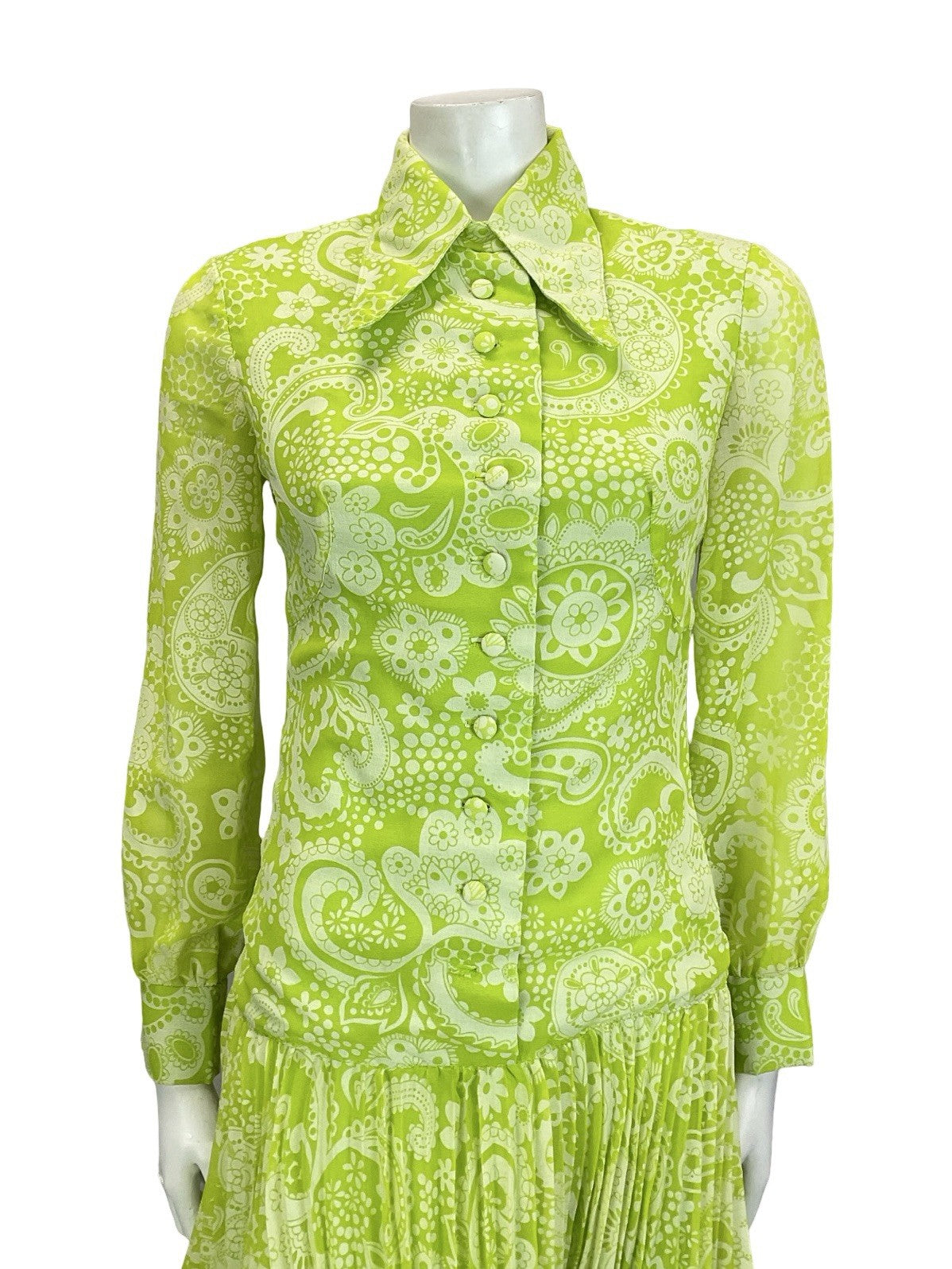 VTG 60S 70S NEON GREEN WHITE PSYCHEDELIC DROPPED WAIST PLEATED SHIRT DRESS 4 6