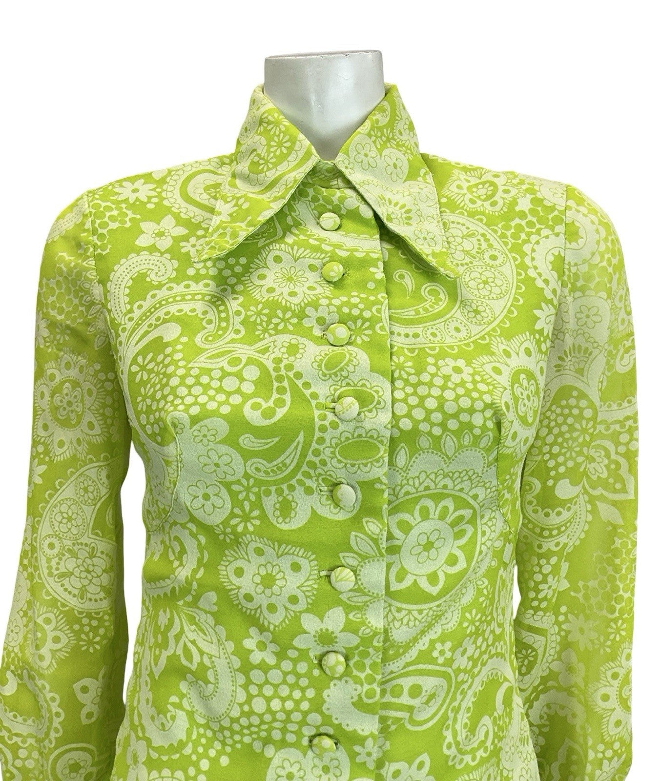 VTG 60S 70S NEON GREEN WHITE PSYCHEDELIC DROPPED WAIST PLEATED SHIRT DRESS 4 6