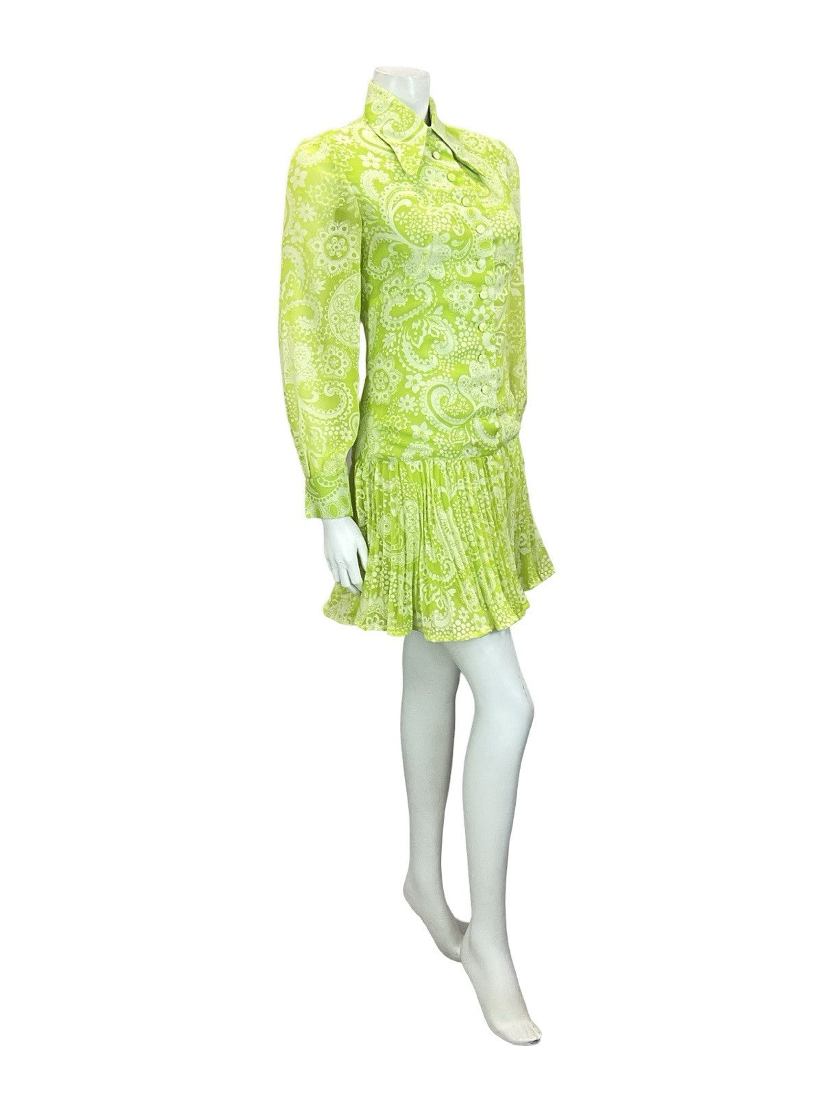 VTG 60S 70S NEON GREEN WHITE PSYCHEDELIC DROPPED WAIST PLEATED SHIRT DRESS 4 6
