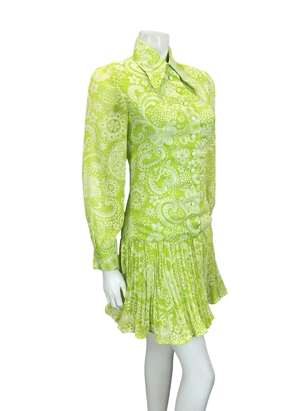 VTG 60S 70S NEON GREEN WHITE PSYCHEDELIC DROPPED WAIST PLEATED SHIRT DRESS 4 6