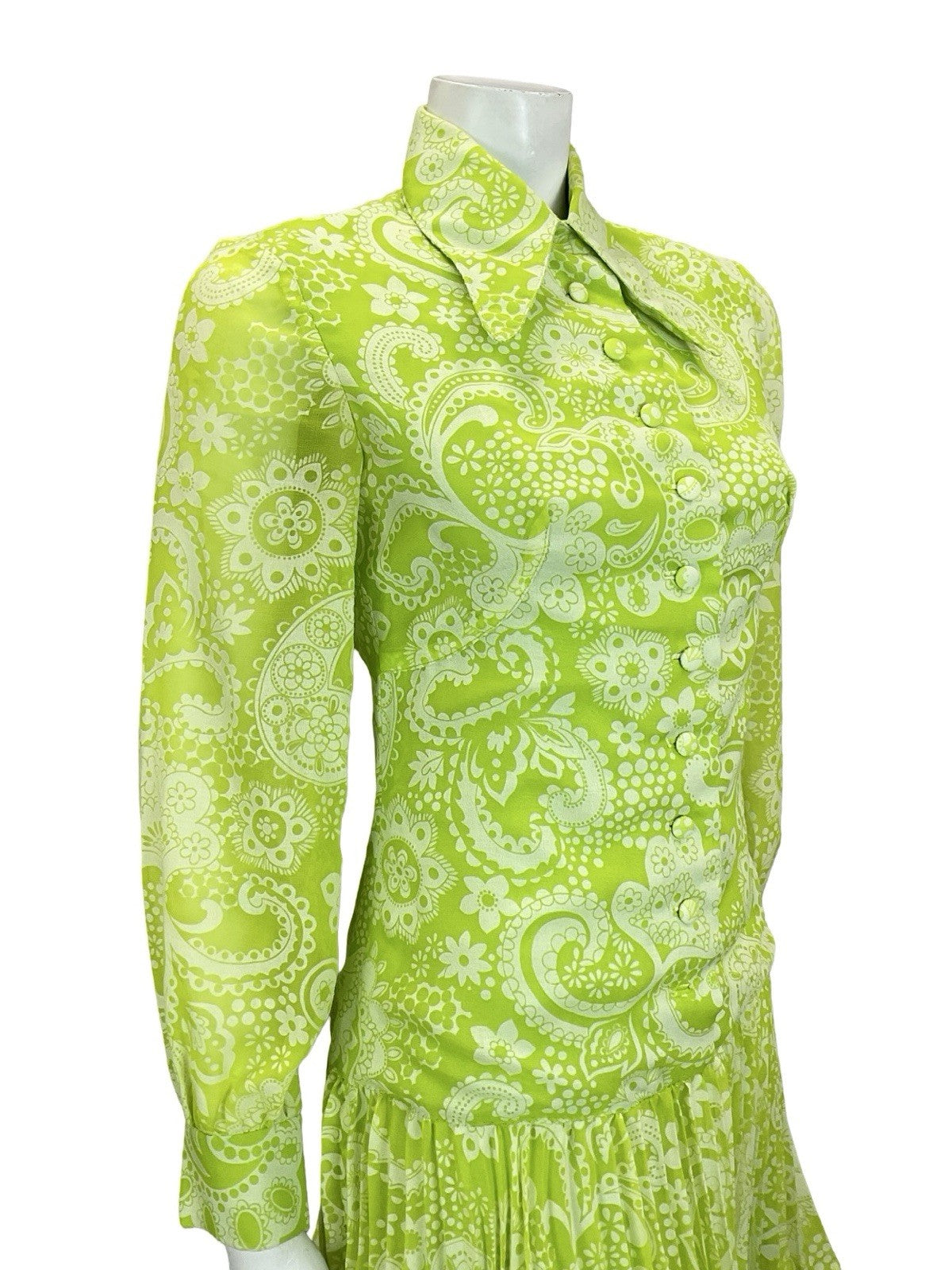 VTG 60S 70S NEON GREEN WHITE PSYCHEDELIC DROPPED WAIST PLEATED SHIRT DRESS 4 6