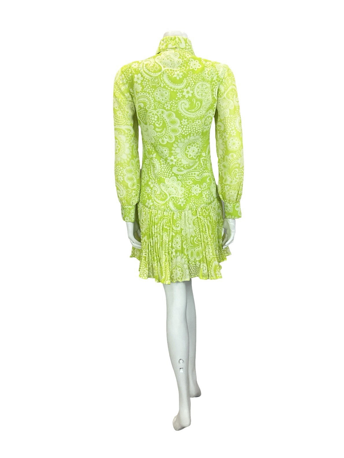 VTG 60S 70S NEON GREEN WHITE PSYCHEDELIC DROPPED WAIST PLEATED SHIRT DRESS 4 6