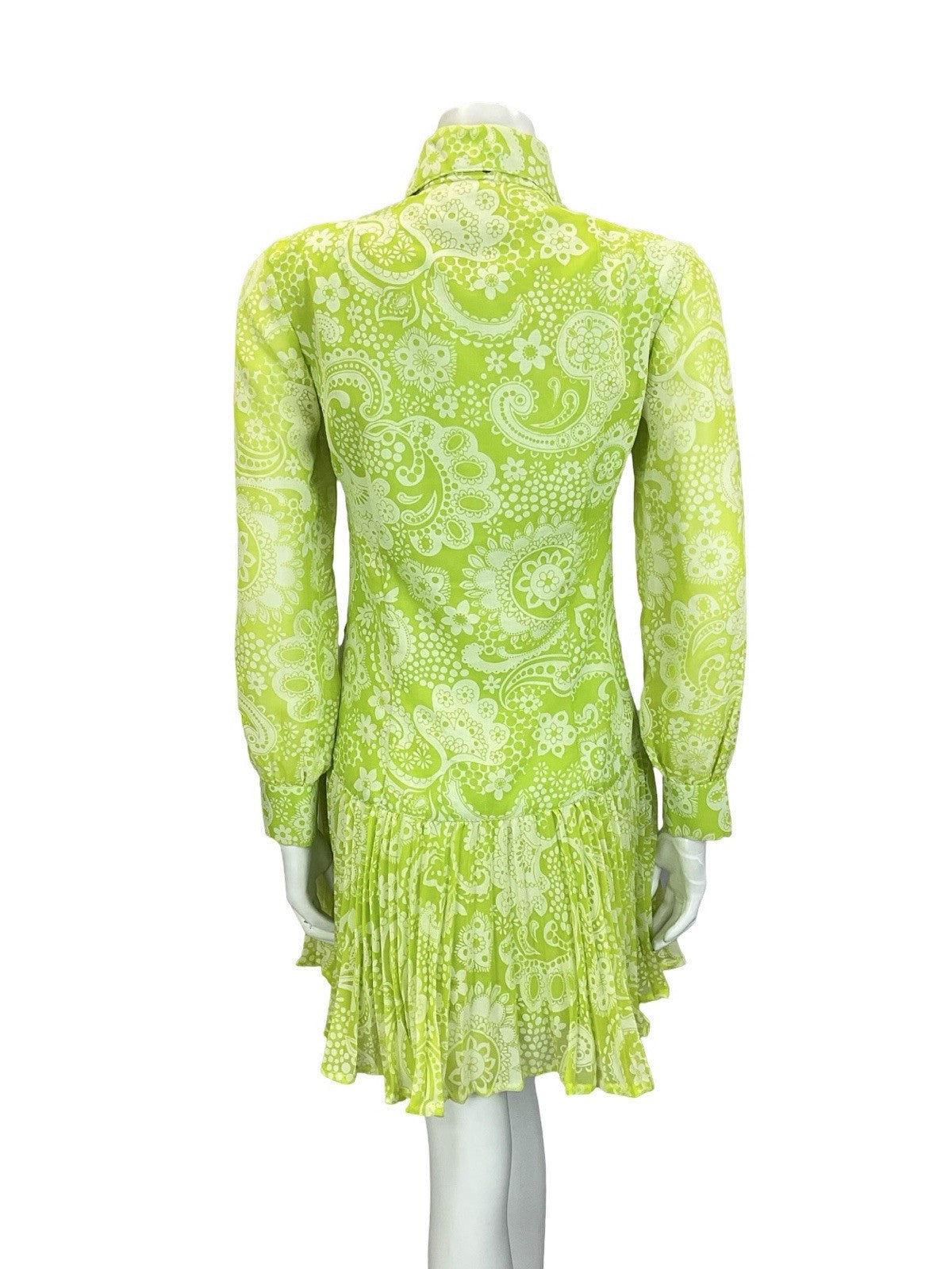 VTG 60S 70S NEON GREEN WHITE PSYCHEDELIC DROPPED WAIST PLEATED SHIRT DRESS 4 6