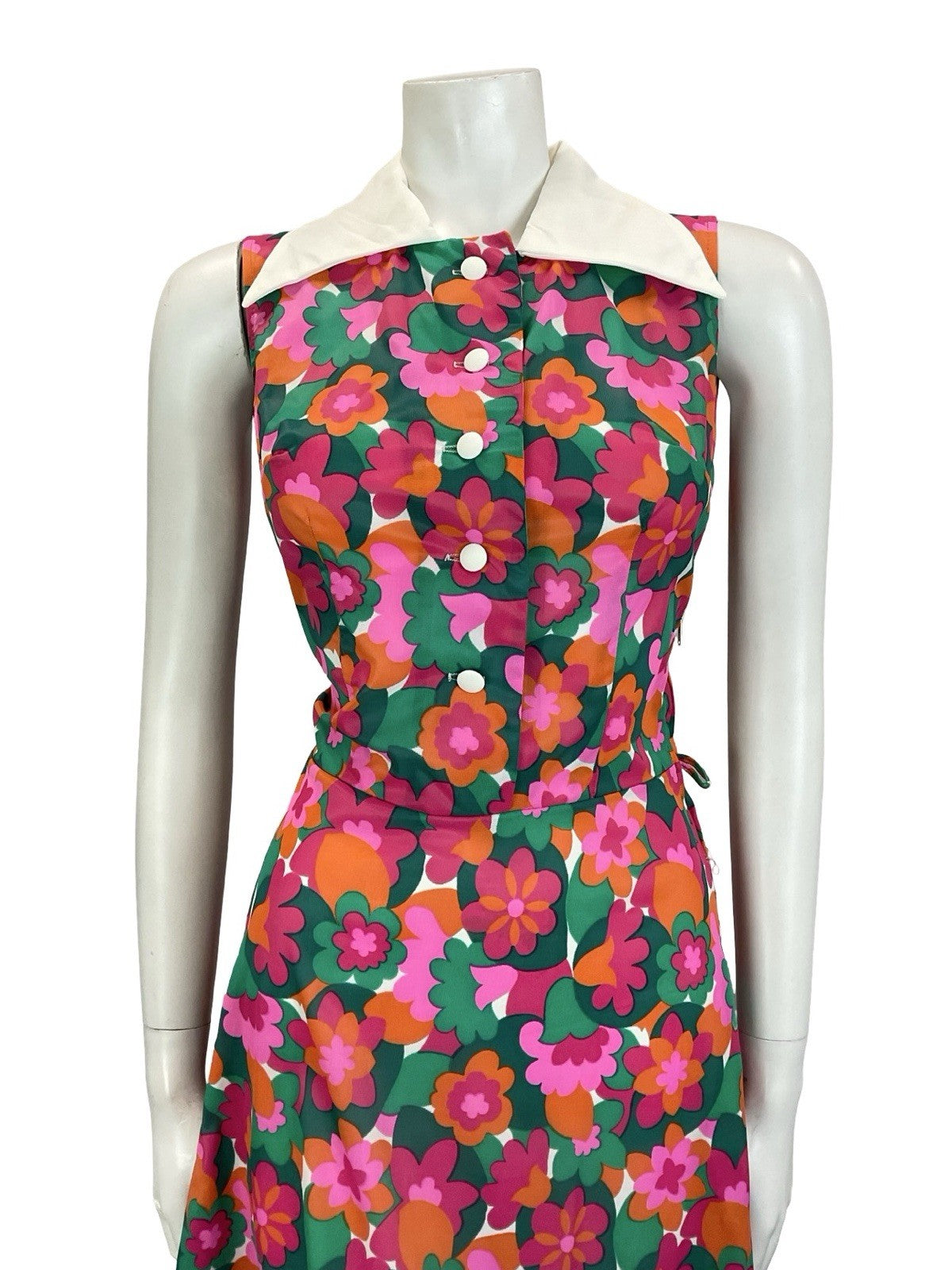VTG 60S 70S WHITE PINK GREEN GEOMETRIC FLORAL SLEEVELESS SWING SHIRT DRESS 8