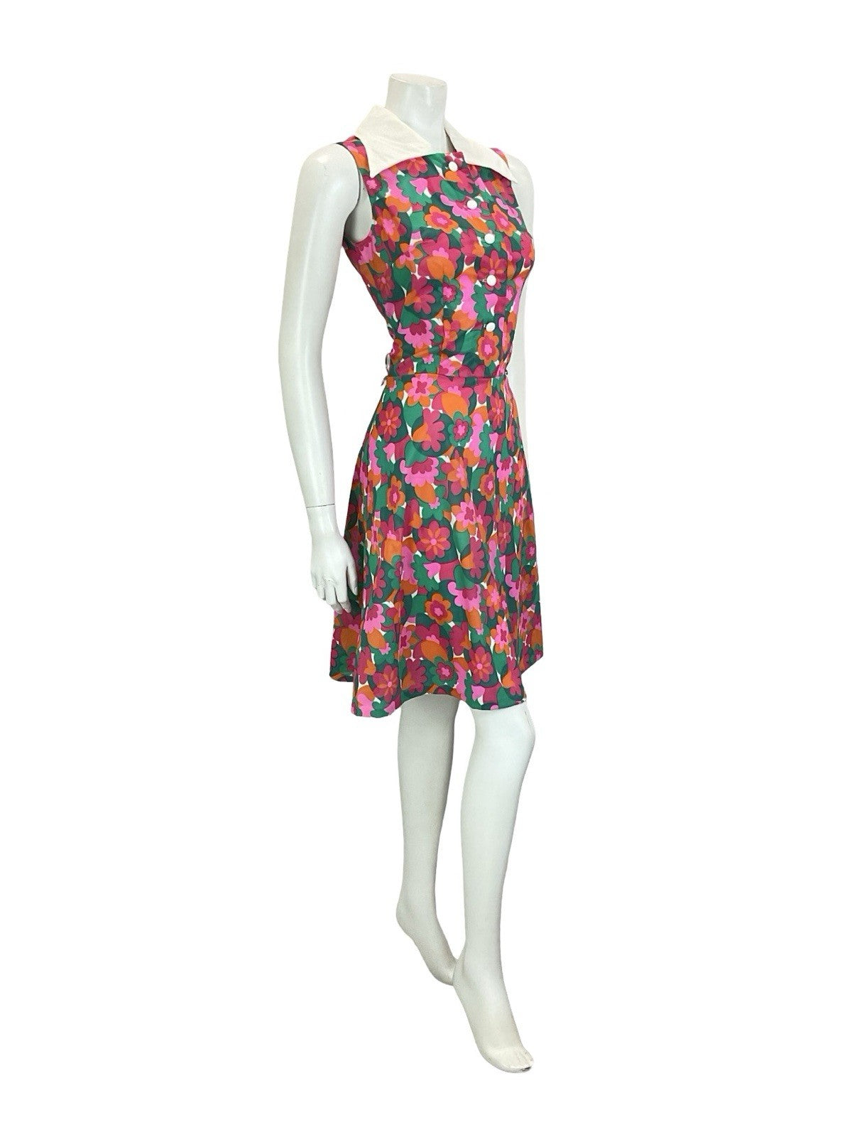 VTG 60S 70S WHITE PINK GREEN GEOMETRIC FLORAL SLEEVELESS SWING SHIRT DRESS 8