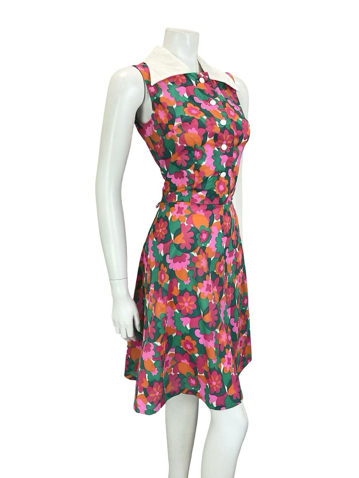 VTG 60S 70S WHITE PINK GREEN GEOMETRIC FLORAL SLEEVELESS SWING SHIRT DRESS 8