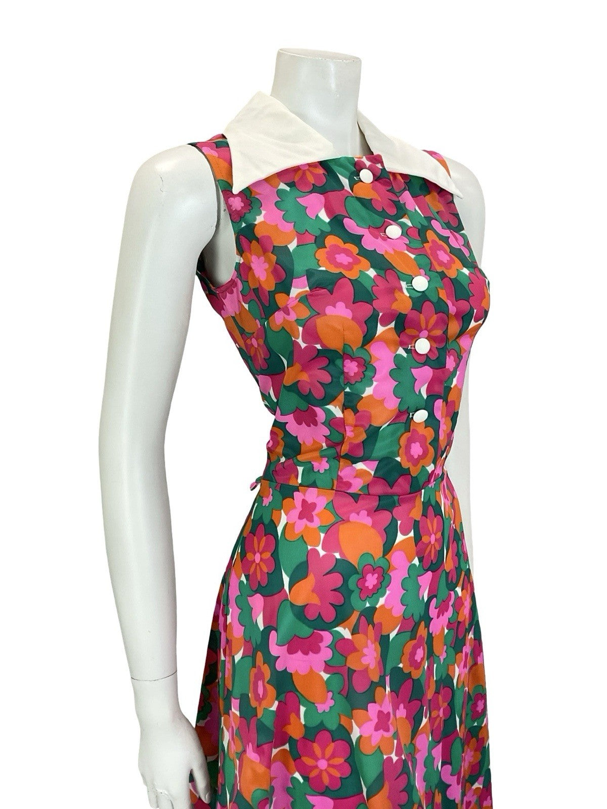 VTG 60S 70S WHITE PINK GREEN GEOMETRIC FLORAL SLEEVELESS SWING SHIRT DRESS 8