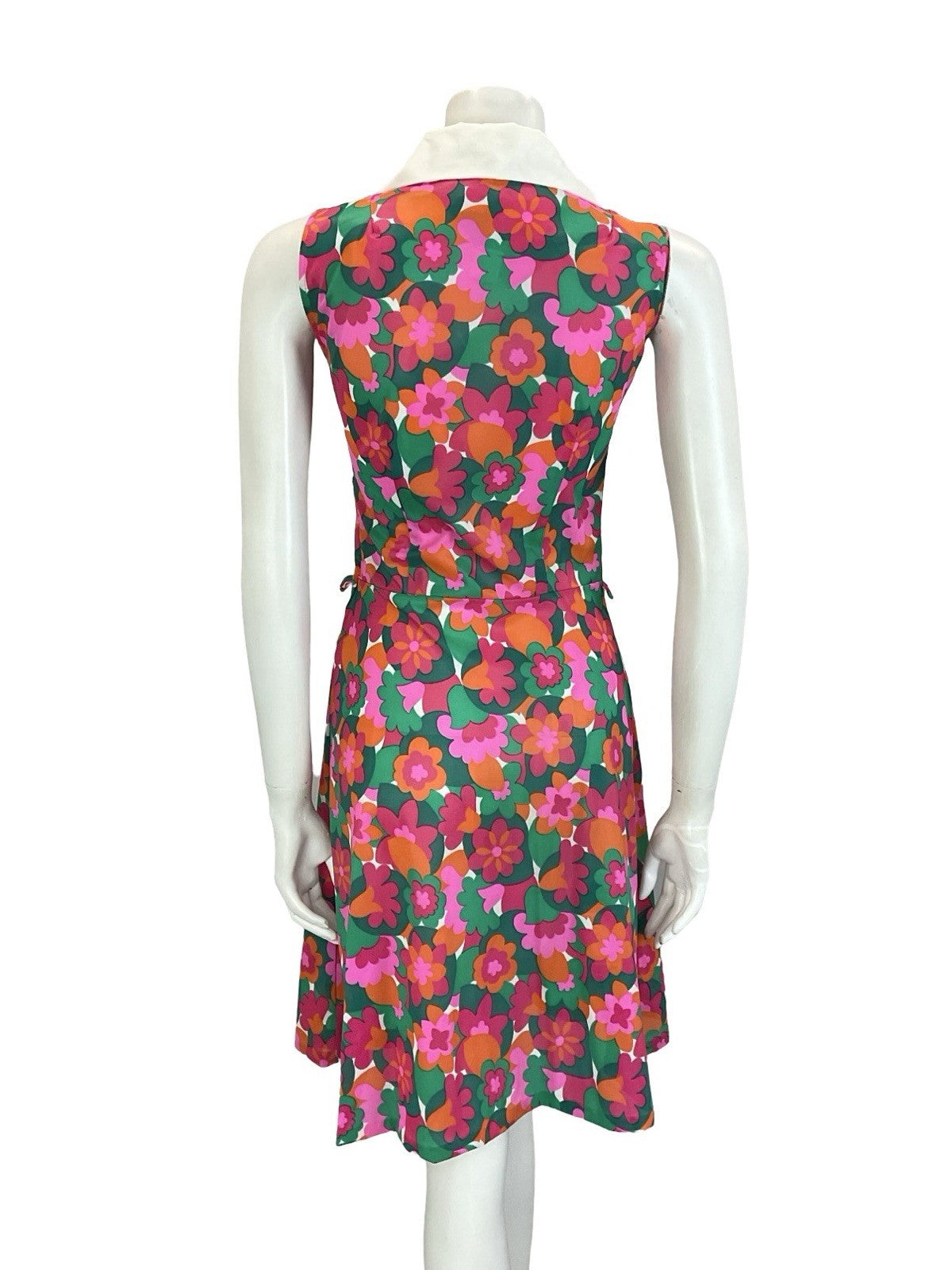 VTG 60S 70S WHITE PINK GREEN GEOMETRIC FLORAL SLEEVELESS SWING SHIRT DRESS 8