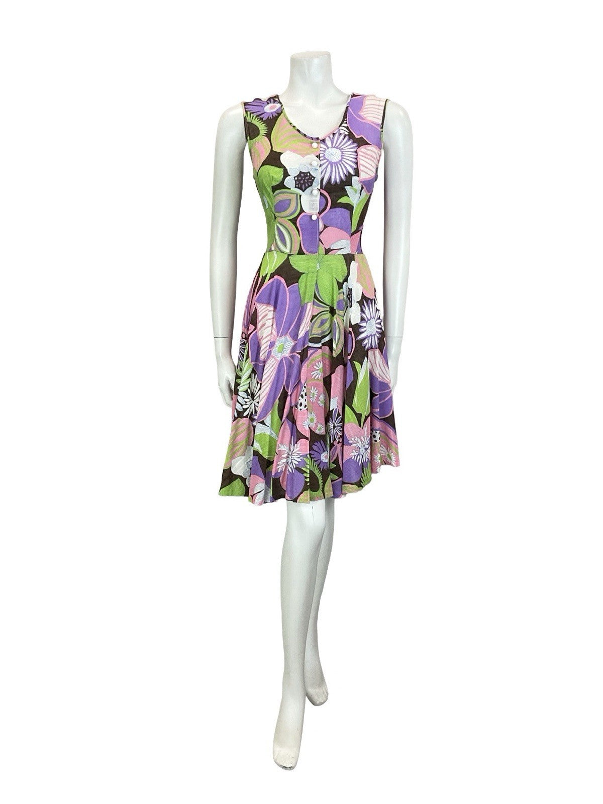 VTG 60S 70S PURPLE GREEN BROWN PINK PSYCHEDELIC FLORAL SWING SUMMER DRESS 10