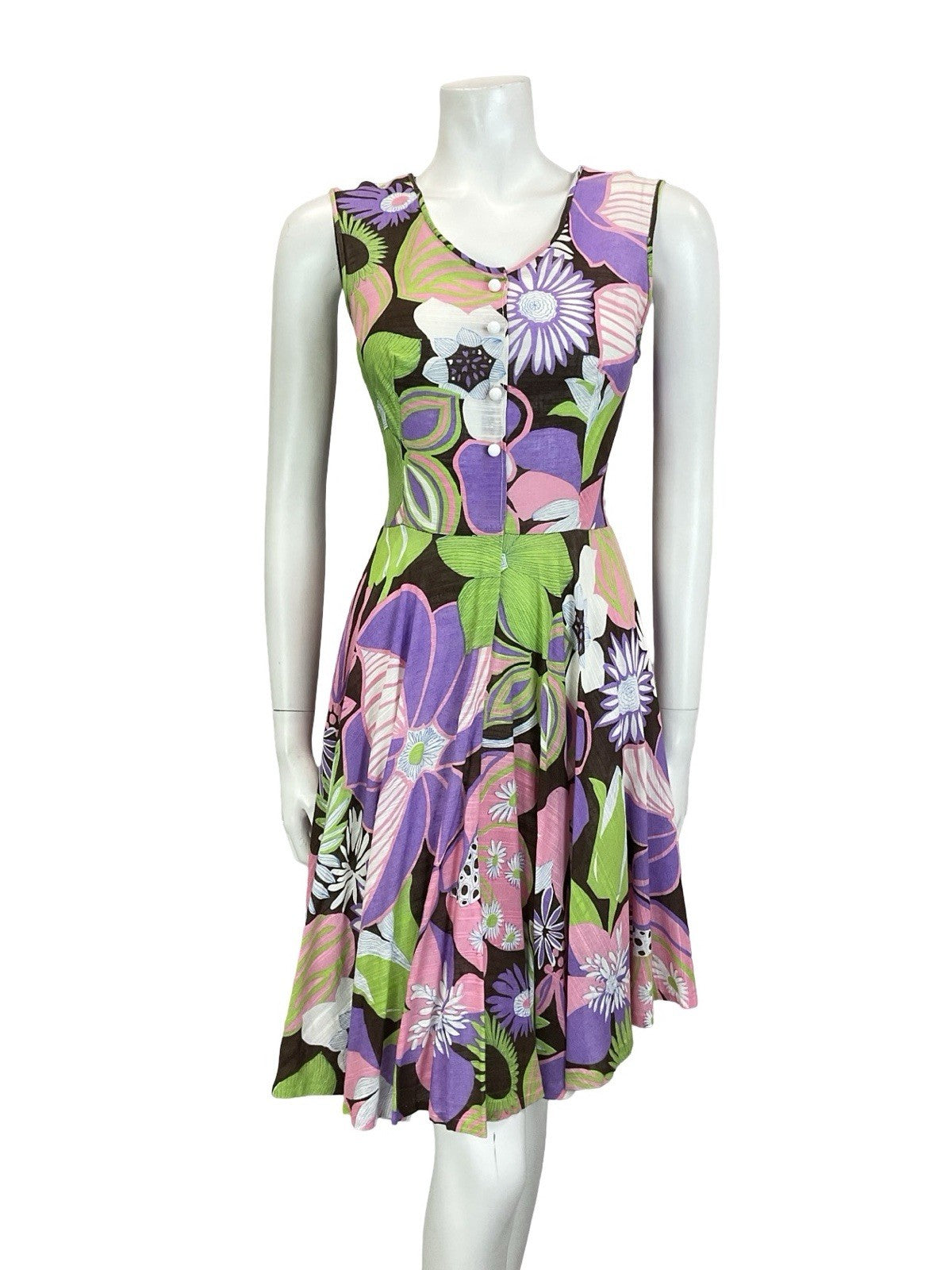 VTG 60S 70S PURPLE GREEN BROWN PINK PSYCHEDELIC FLORAL SWING SUMMER DRESS 10