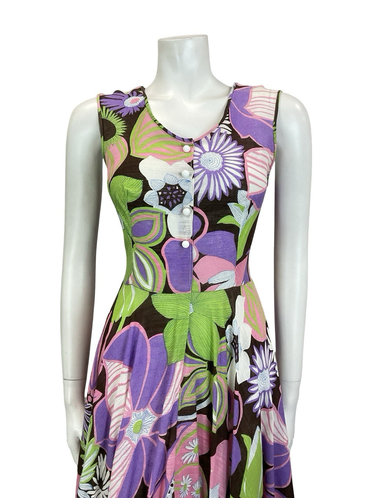 VTG 60S 70S PURPLE GREEN BROWN PINK PSYCHEDELIC FLORAL SWING SUMMER DRESS 10