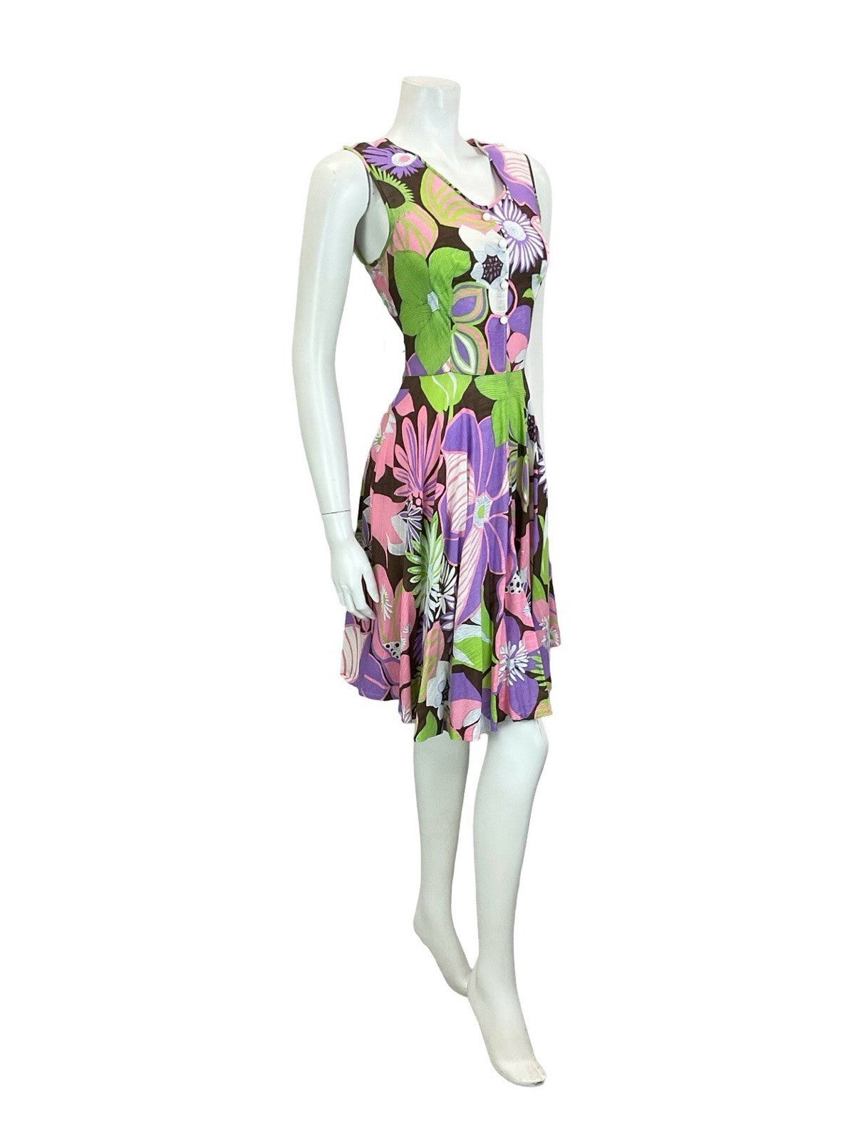 VTG 60S 70S PURPLE GREEN BROWN PINK PSYCHEDELIC FLORAL SWING SUMMER DRESS 10