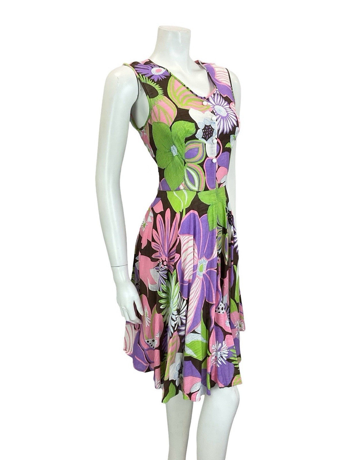 VTG 60S 70S PURPLE GREEN BROWN PINK PSYCHEDELIC FLORAL SWING SUMMER DRESS 10