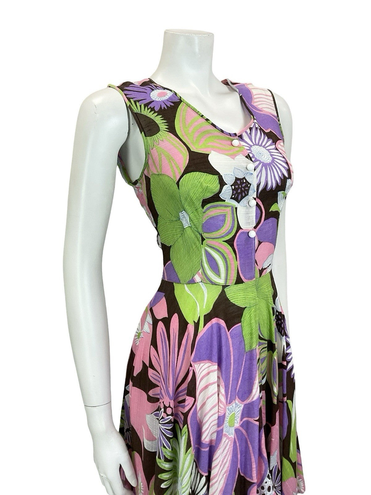 VTG 60S 70S PURPLE GREEN BROWN PINK PSYCHEDELIC FLORAL SWING SUMMER DRESS 10