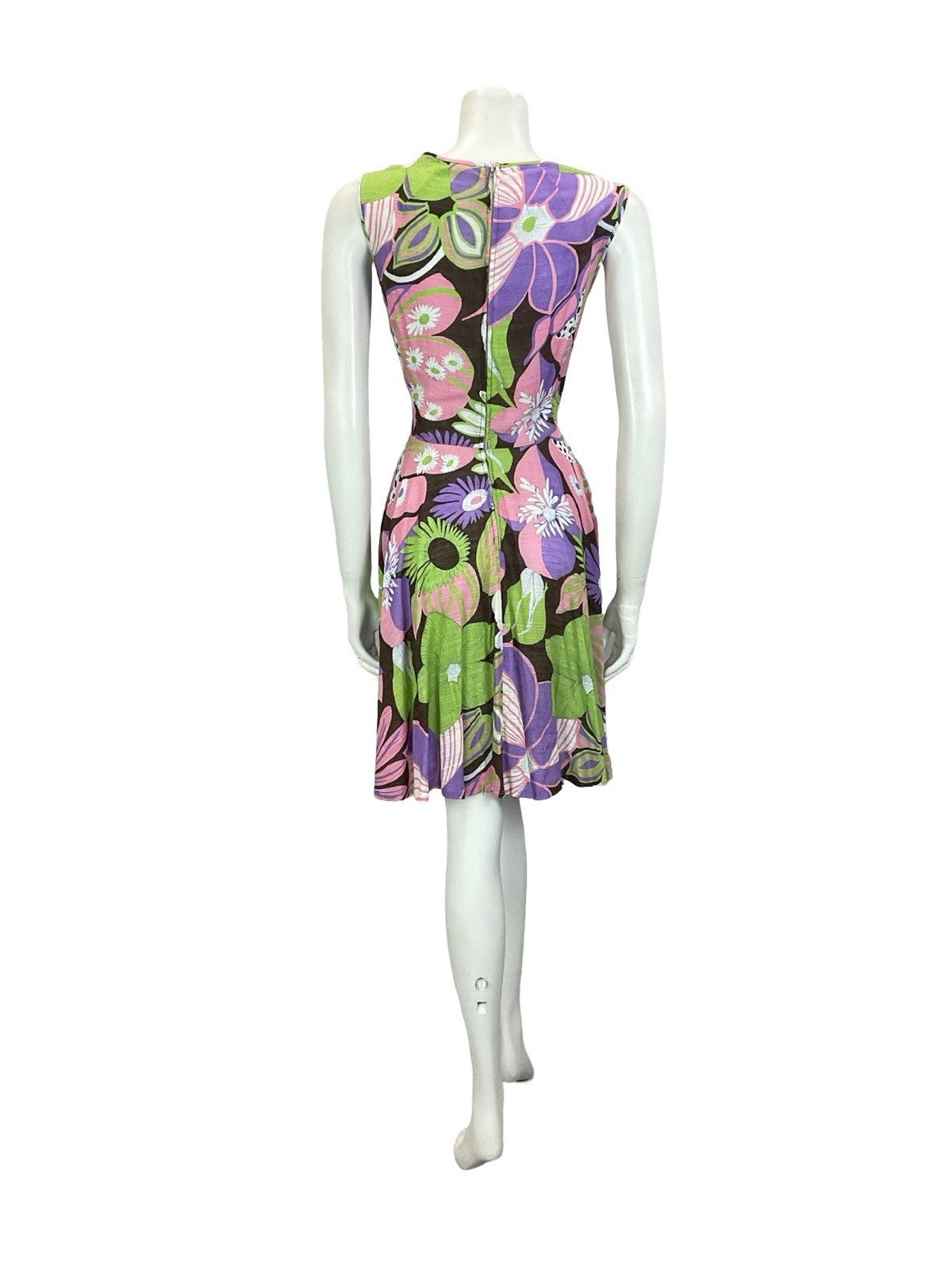 VTG 60S 70S PURPLE GREEN BROWN PINK PSYCHEDELIC FLORAL SWING SUMMER DRESS 10