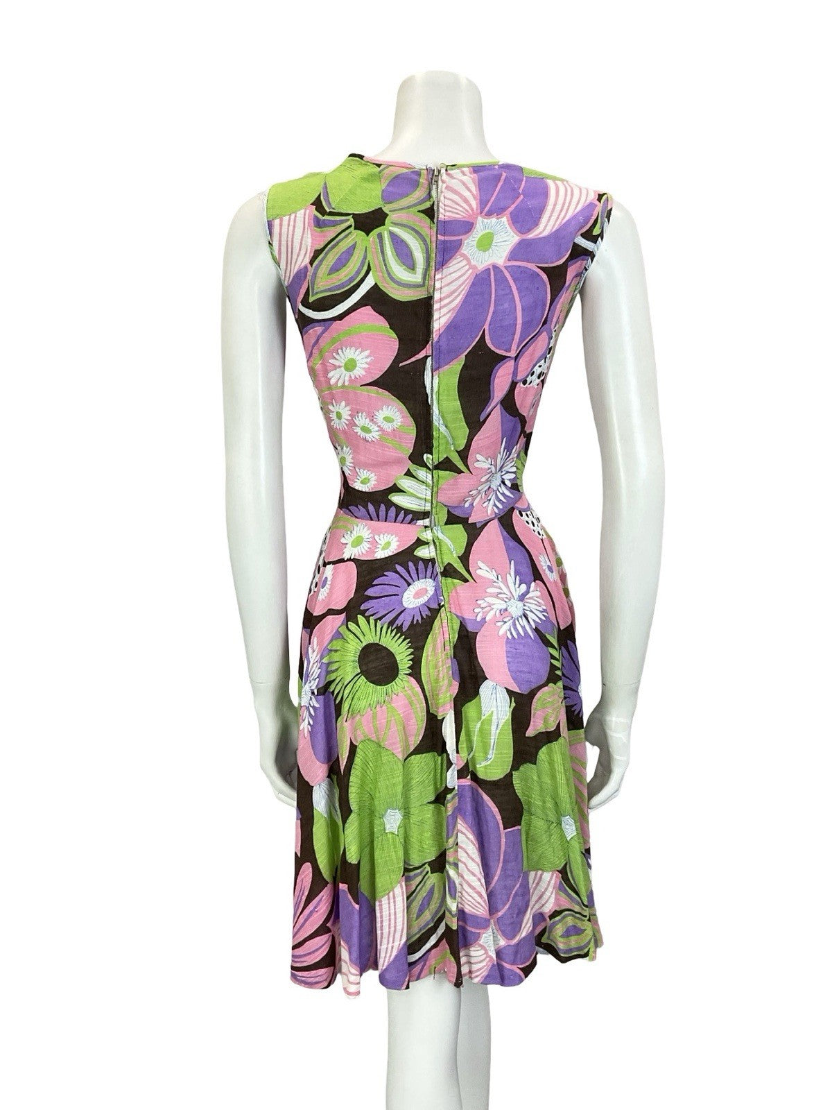 VTG 60S 70S PURPLE GREEN BROWN PINK PSYCHEDELIC FLORAL SWING SUMMER DRESS 10