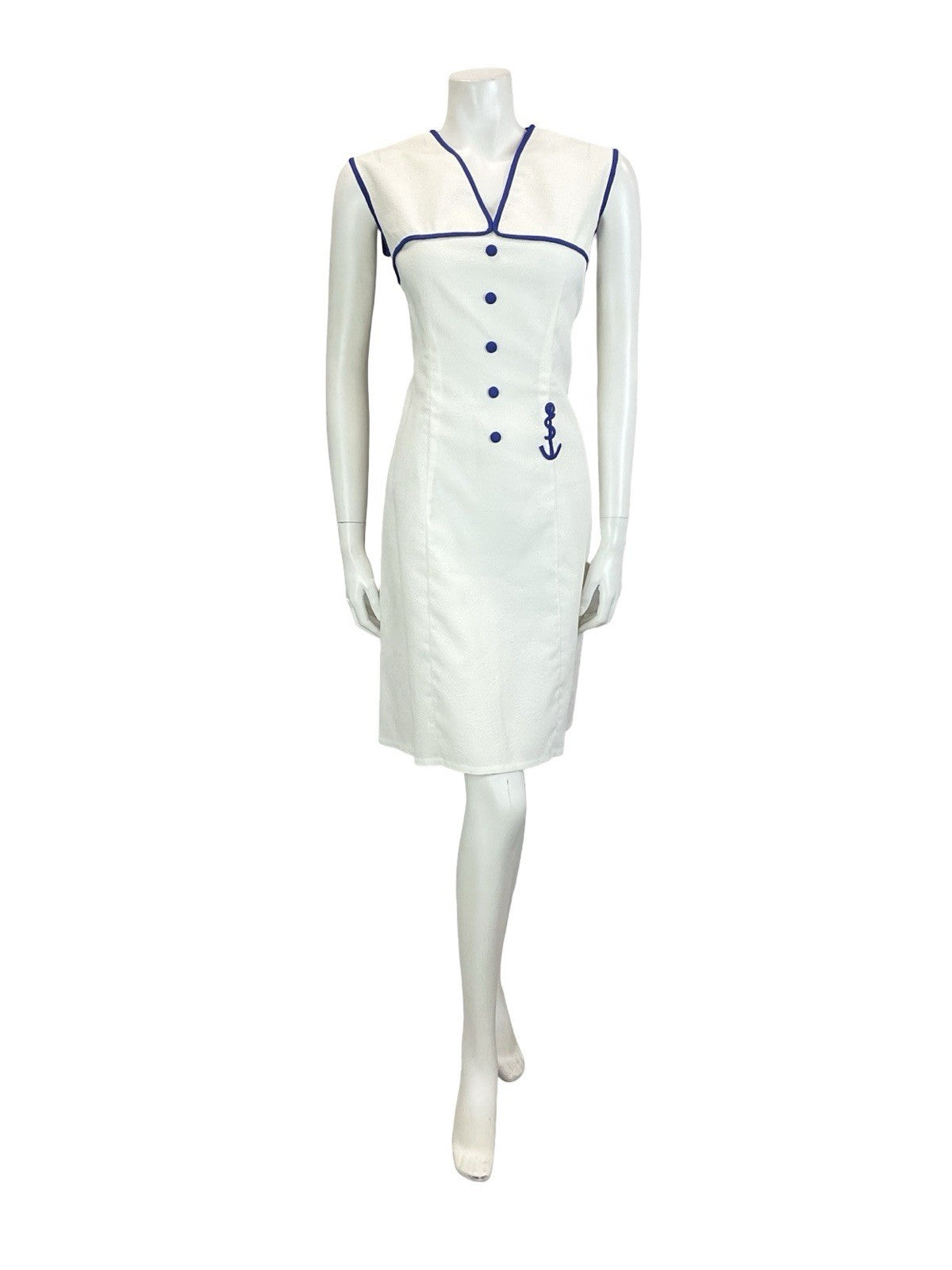 VTG 60S 70S WHITE NAVY BLUE GEOMETRIC EMBOSSED NAUTICAL SAILOR SHIFT DRESS 14