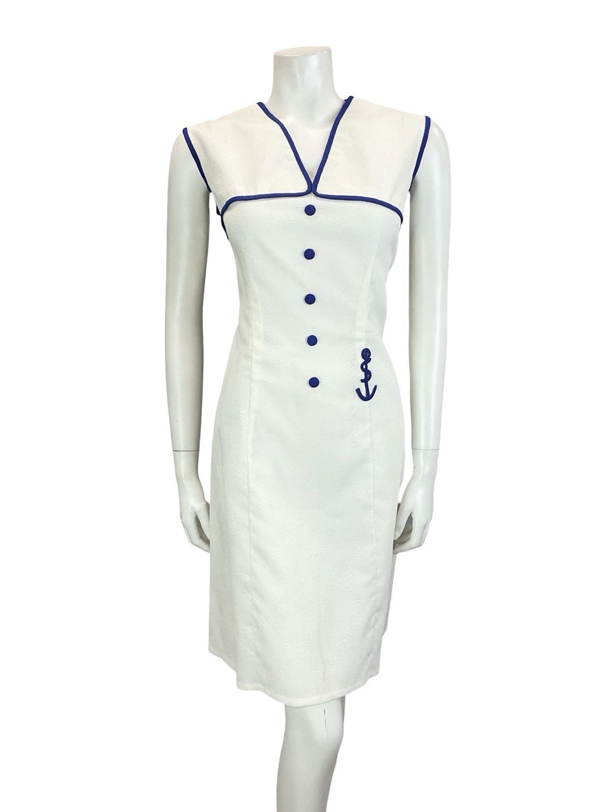 VTG 60S 70S WHITE NAVY BLUE GEOMETRIC EMBOSSED NAUTICAL SAILOR SHIFT DRESS 14
