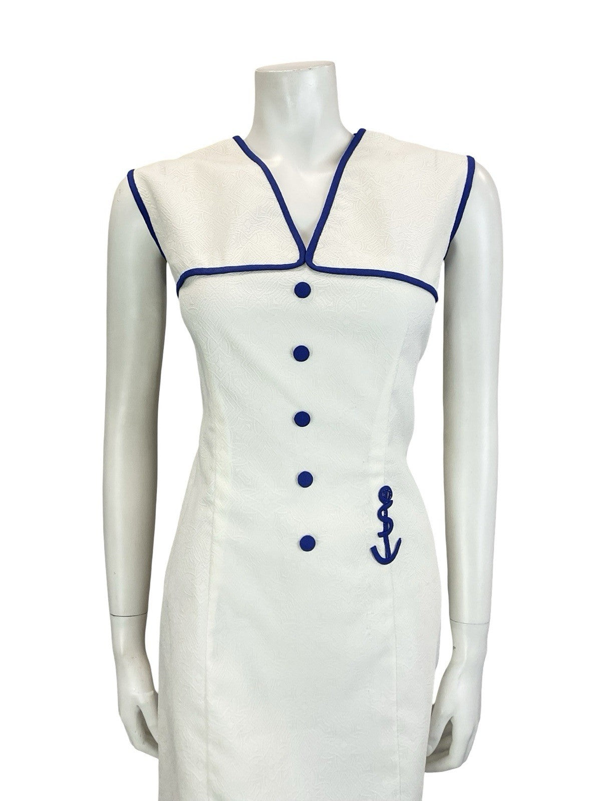 VTG 60S 70S WHITE NAVY BLUE GEOMETRIC EMBOSSED NAUTICAL SAILOR SHIFT DRESS 14