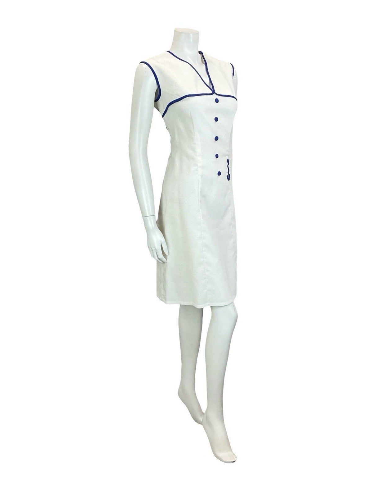 VTG 60S 70S WHITE NAVY BLUE GEOMETRIC EMBOSSED NAUTICAL SAILOR SHIFT DRESS 14