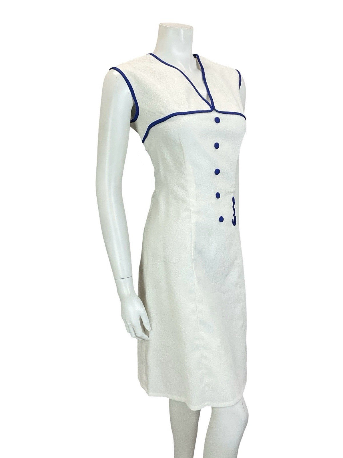 VTG 60S 70S WHITE NAVY BLUE GEOMETRIC EMBOSSED NAUTICAL SAILOR SHIFT DRESS 14