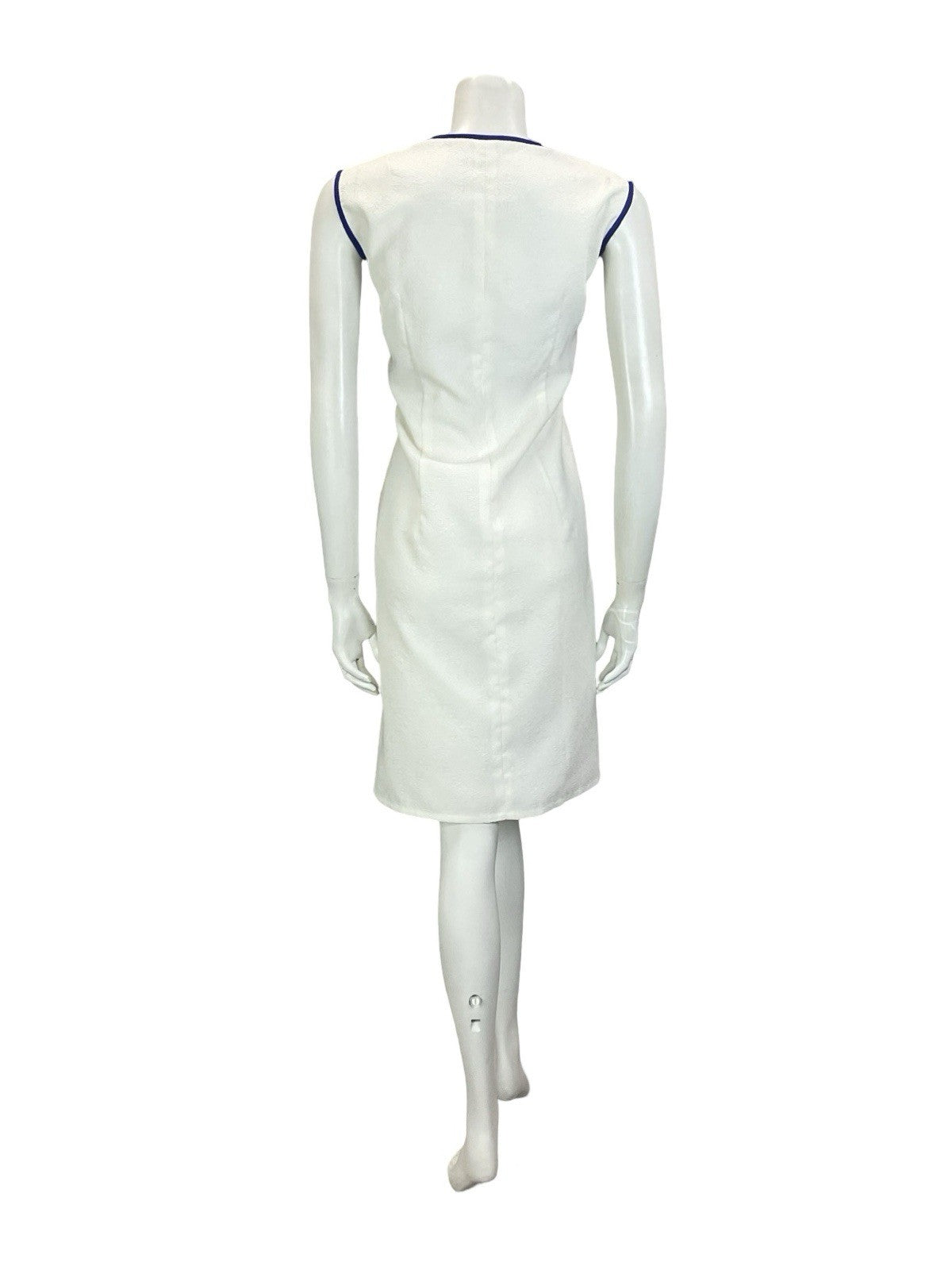 VTG 60S 70S WHITE NAVY BLUE GEOMETRIC EMBOSSED NAUTICAL SAILOR SHIFT DRESS 14