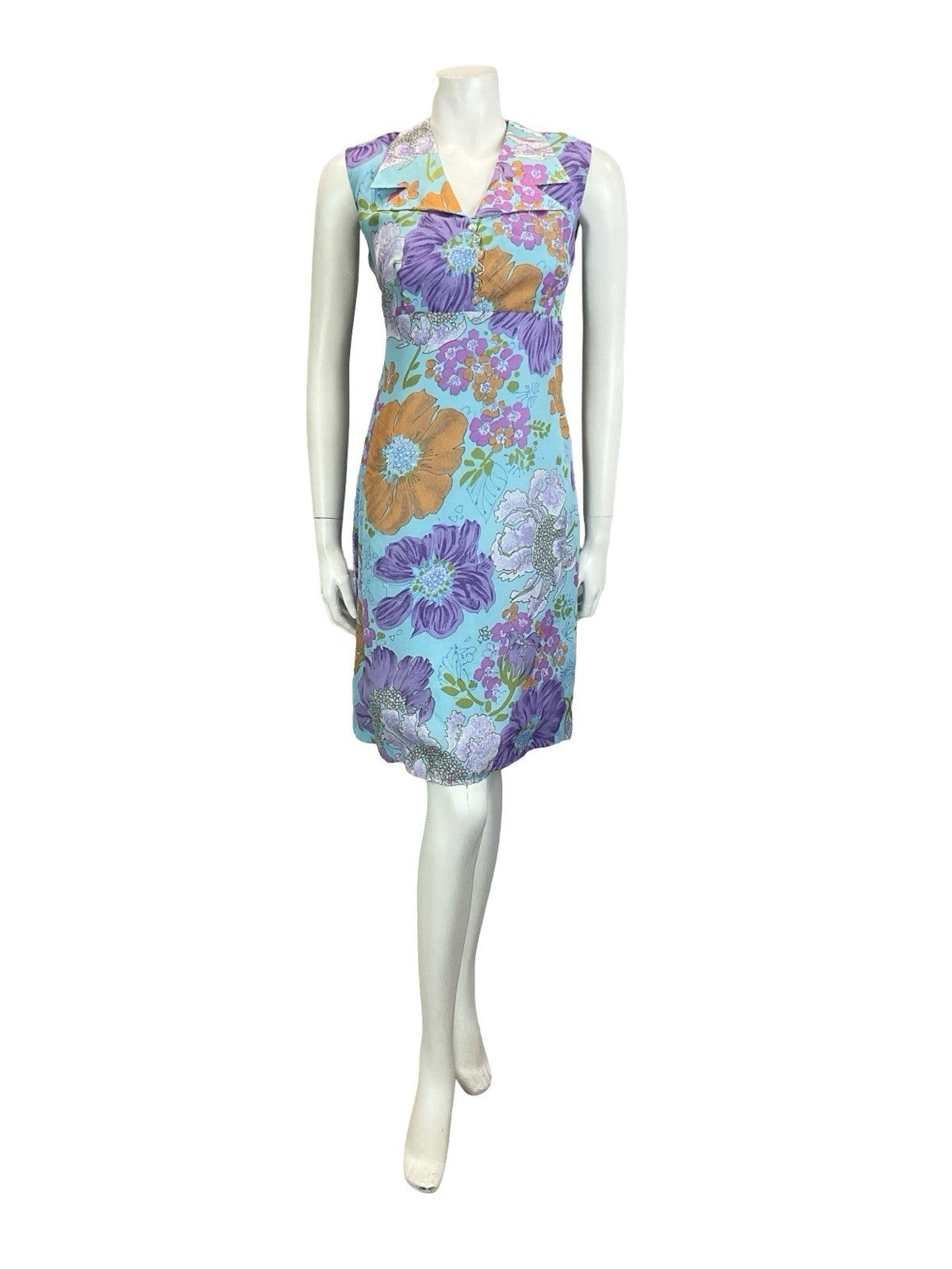 VTG 60S 70S BLUE ORANGE PURPLE PINK FLORAL EMPIRE DAGGER NOTCH SHIRT DRESS 10