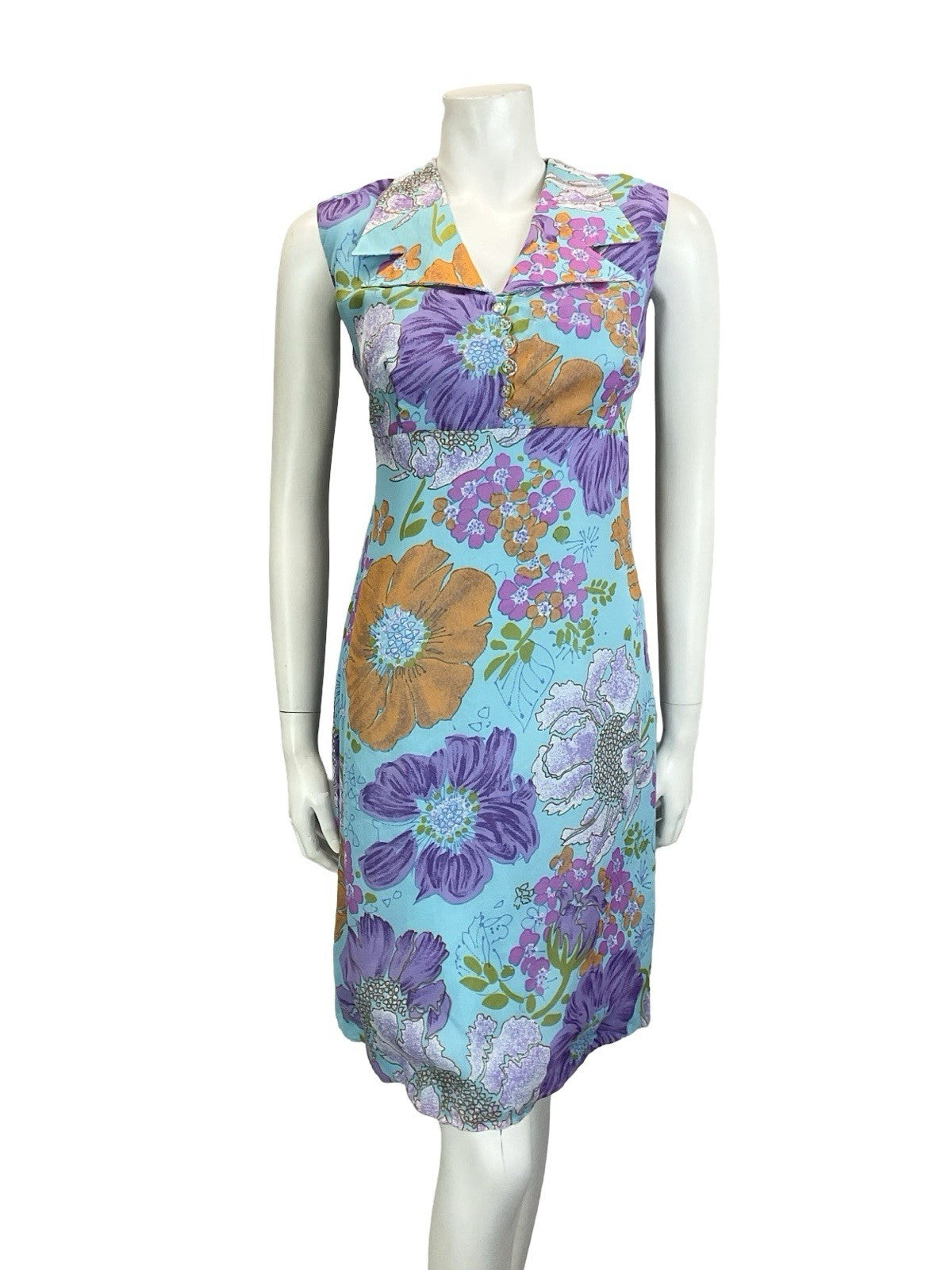 VTG 60S 70S BLUE ORANGE PURPLE PINK FLORAL EMPIRE DAGGER NOTCH SHIRT DRESS 10