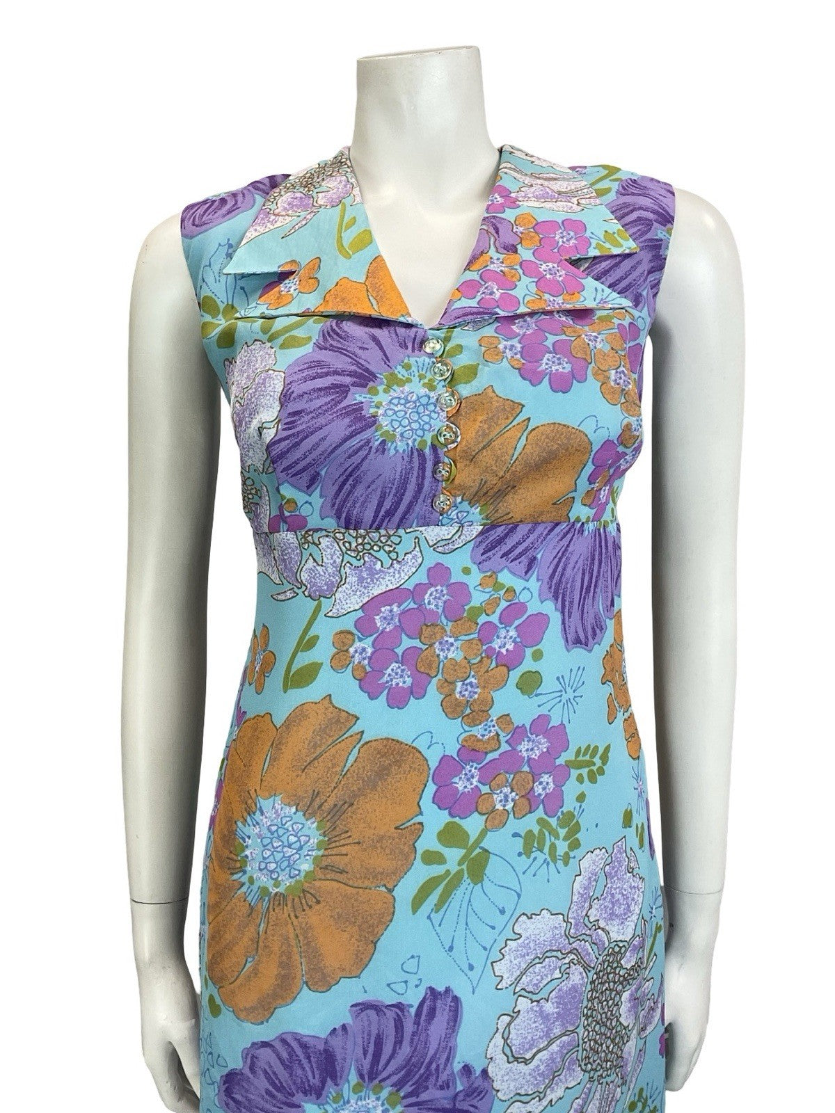 VTG 60S 70S BLUE ORANGE PURPLE PINK FLORAL EMPIRE DAGGER NOTCH SHIRT DRESS 10