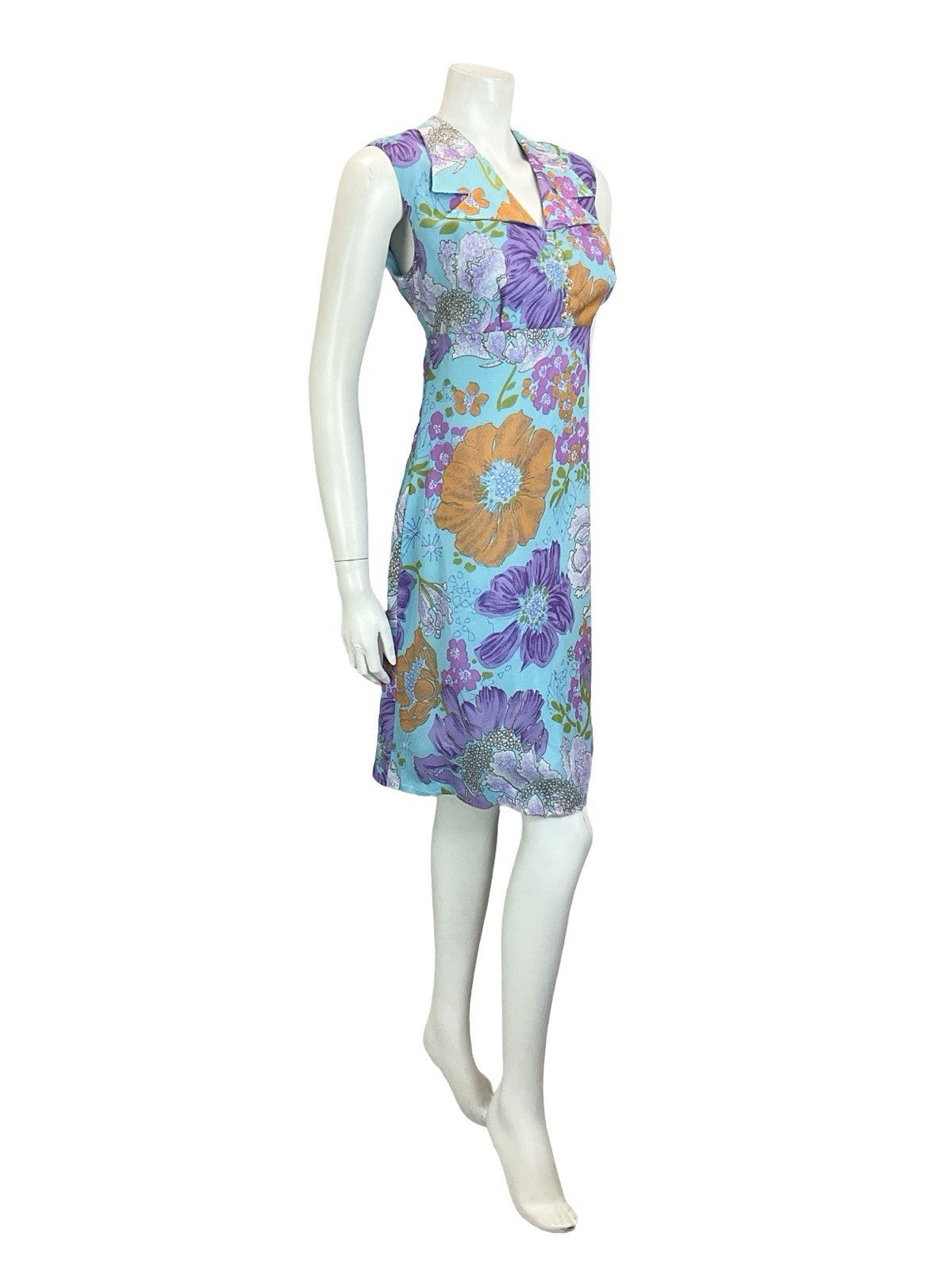 VTG 60S 70S BLUE ORANGE PURPLE PINK FLORAL EMPIRE DAGGER NOTCH SHIRT DRESS 10