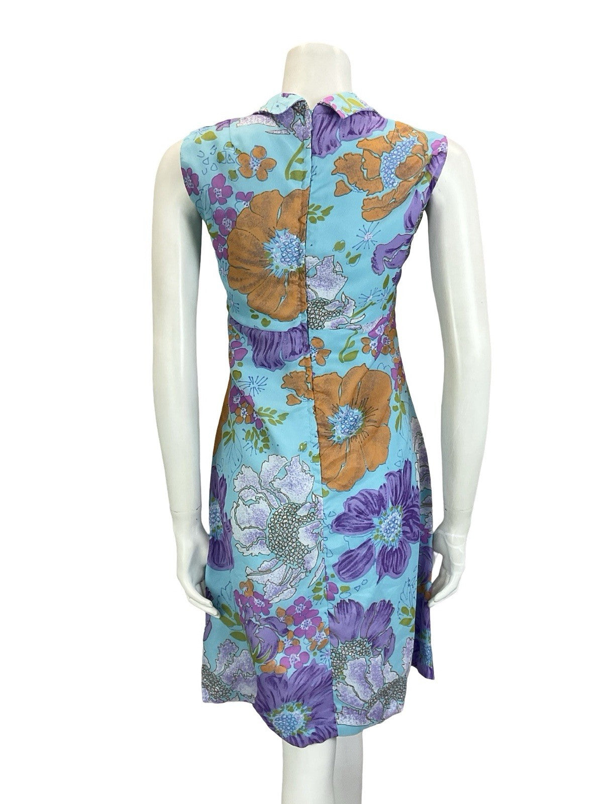 VTG 60S 70S BLUE ORANGE PURPLE PINK FLORAL EMPIRE DAGGER NOTCH SHIRT DRESS 10