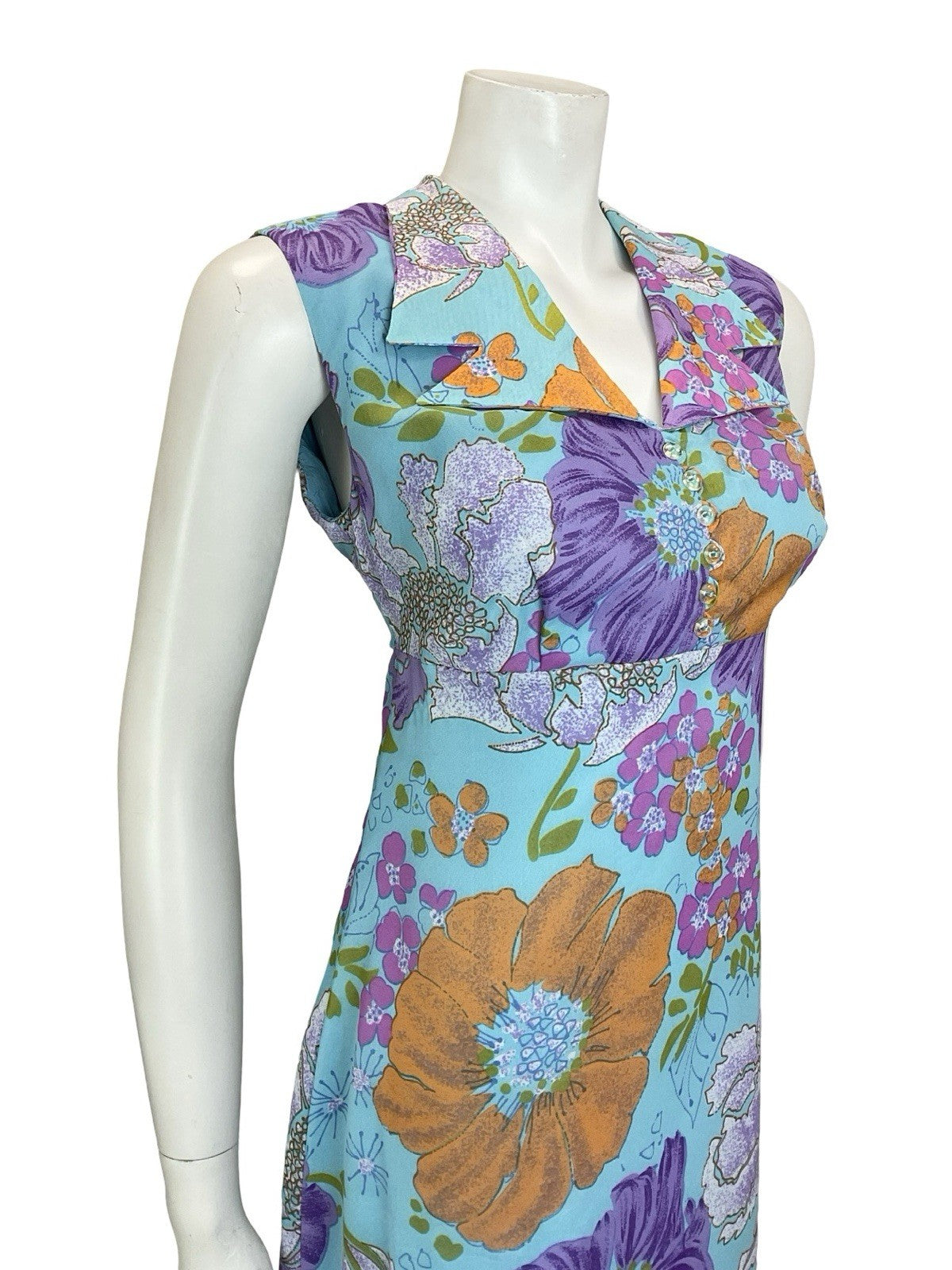 VTG 60S 70S BLUE ORANGE PURPLE PINK FLORAL EMPIRE DAGGER NOTCH SHIRT DRESS 10