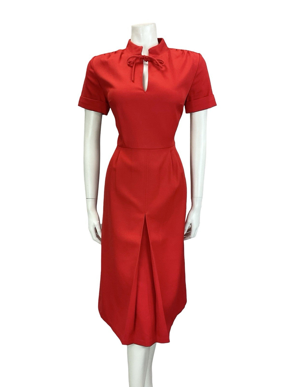 VTG 60S 70S MOD BRIGHT RED MANDARIN TIE COLLAR PLEATED MIDI DRESS 12