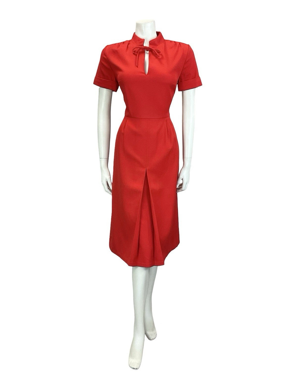 VTG 60S 70S MOD BRIGHT RED MANDARIN TIE COLLAR PLEATED MIDI DRESS 12