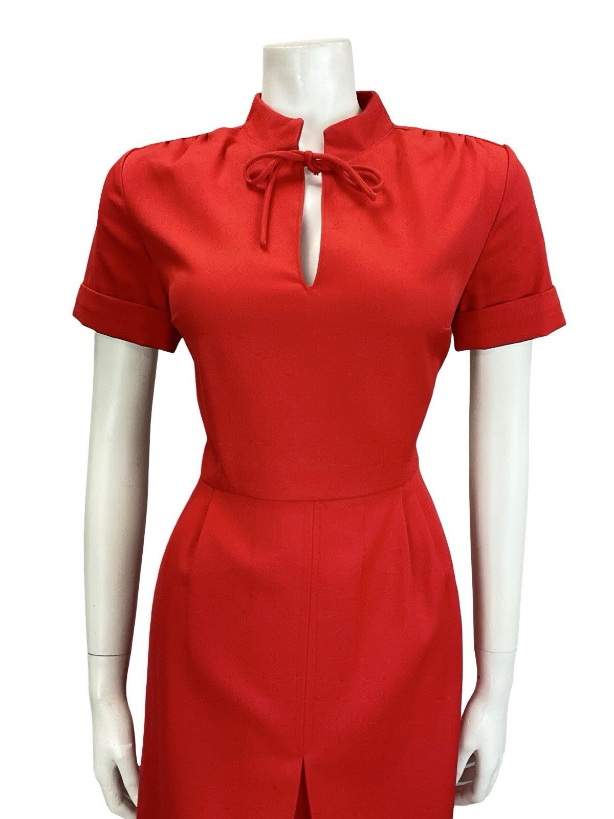 VTG 60S 70S MOD BRIGHT RED MANDARIN TIE COLLAR PLEATED MIDI DRESS 12