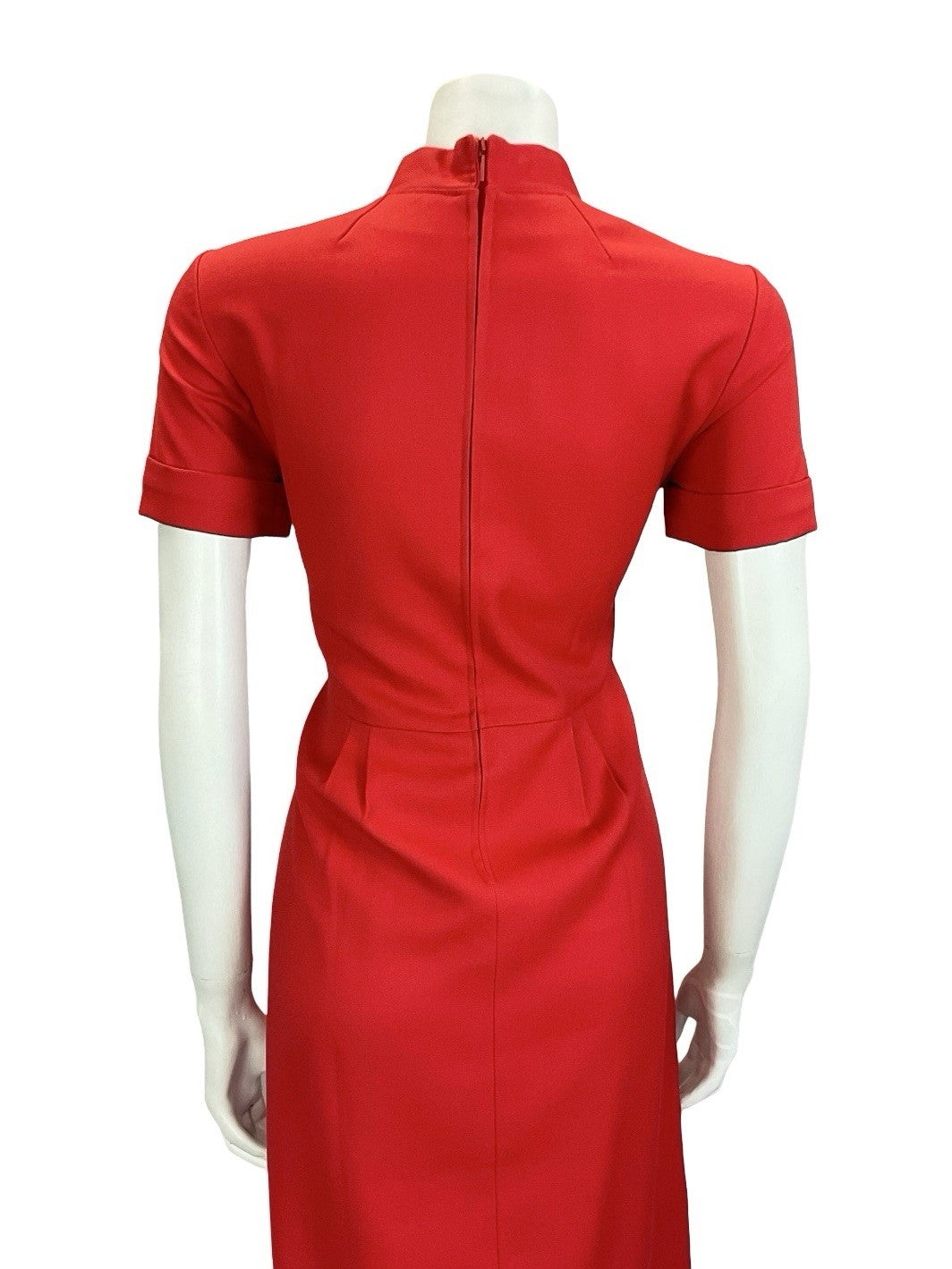 VTG 60S 70S MOD BRIGHT RED MANDARIN TIE COLLAR PLEATED MIDI DRESS 12