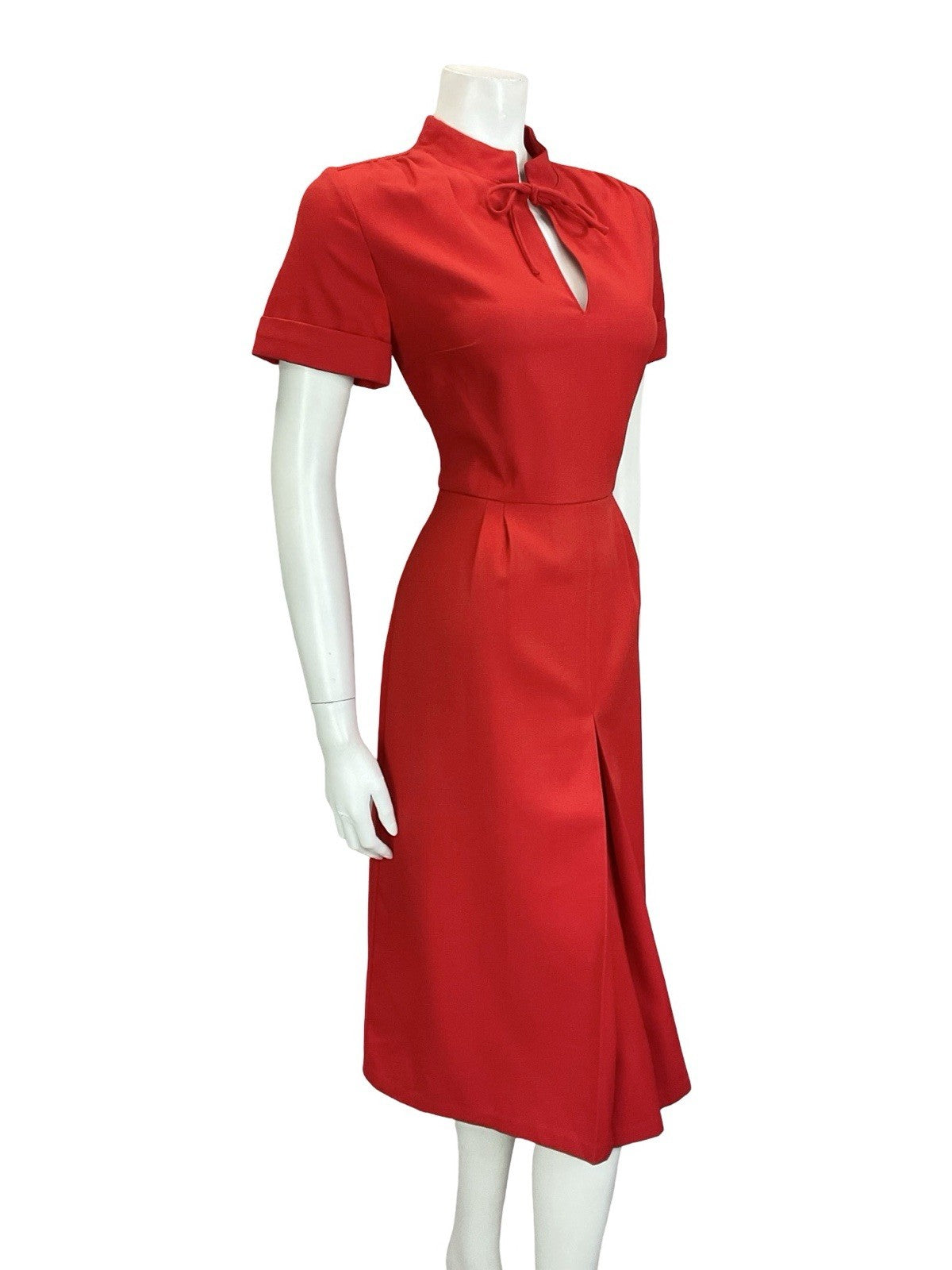 VTG 60S 70S MOD BRIGHT RED MANDARIN TIE COLLAR PLEATED MIDI DRESS 12