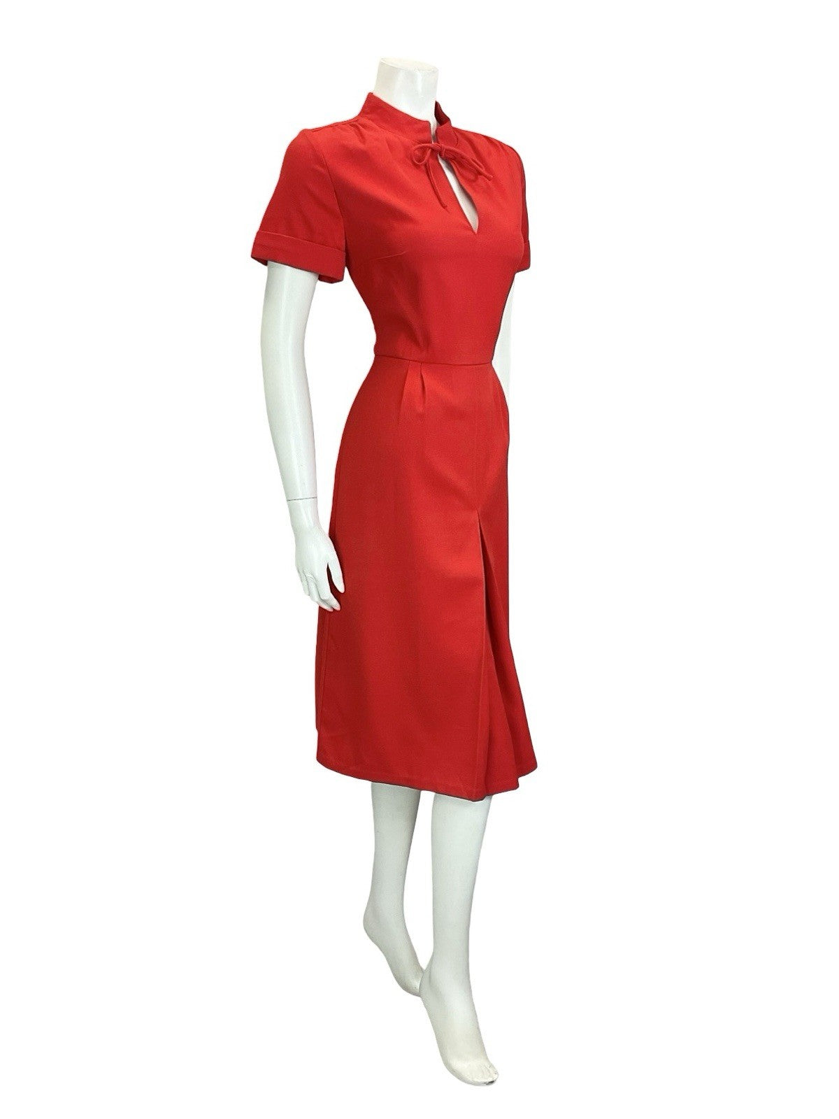 VTG 60S 70S MOD BRIGHT RED MANDARIN TIE COLLAR PLEATED MIDI DRESS 12
