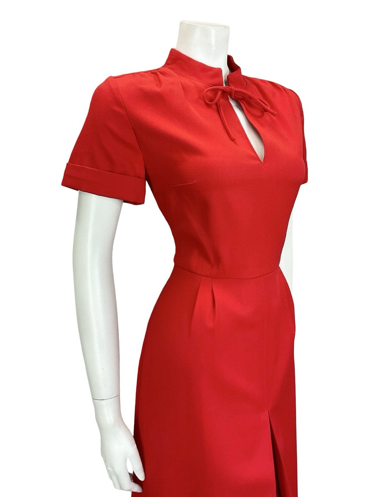 VTG 60S 70S MOD BRIGHT RED MANDARIN TIE COLLAR PLEATED MIDI DRESS 12